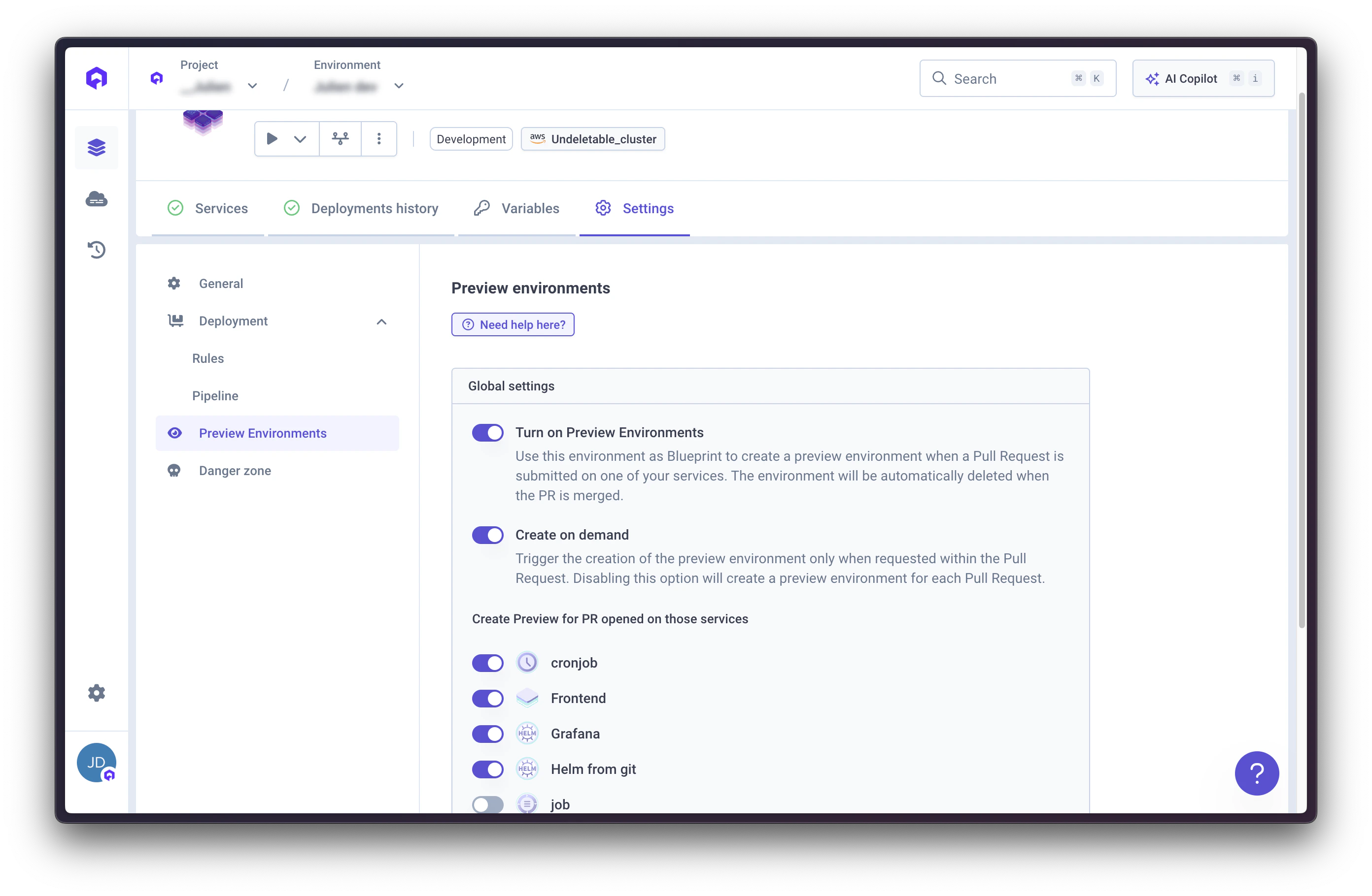 Preview Environment Settings