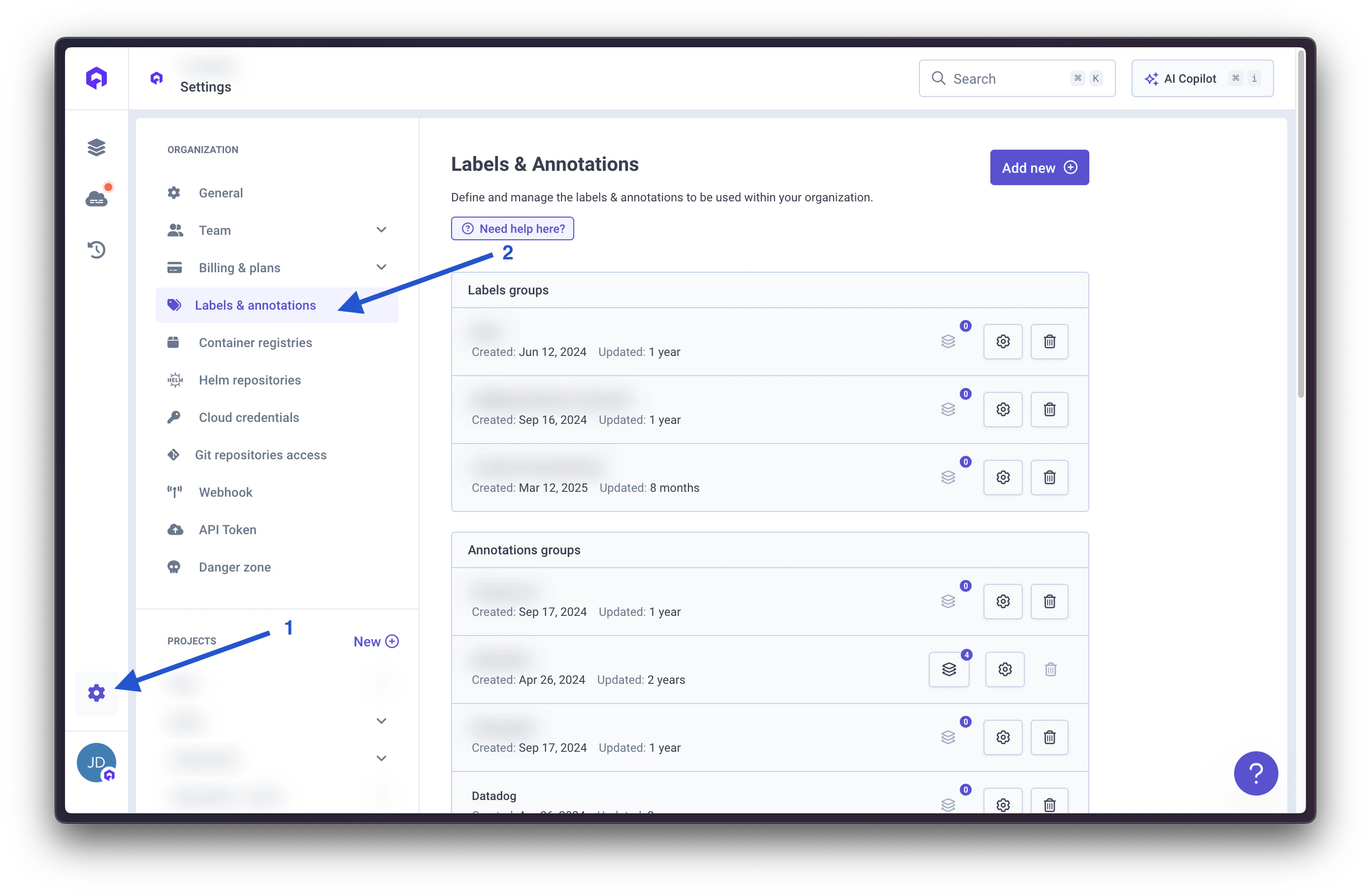 Labels and Annotations Settings