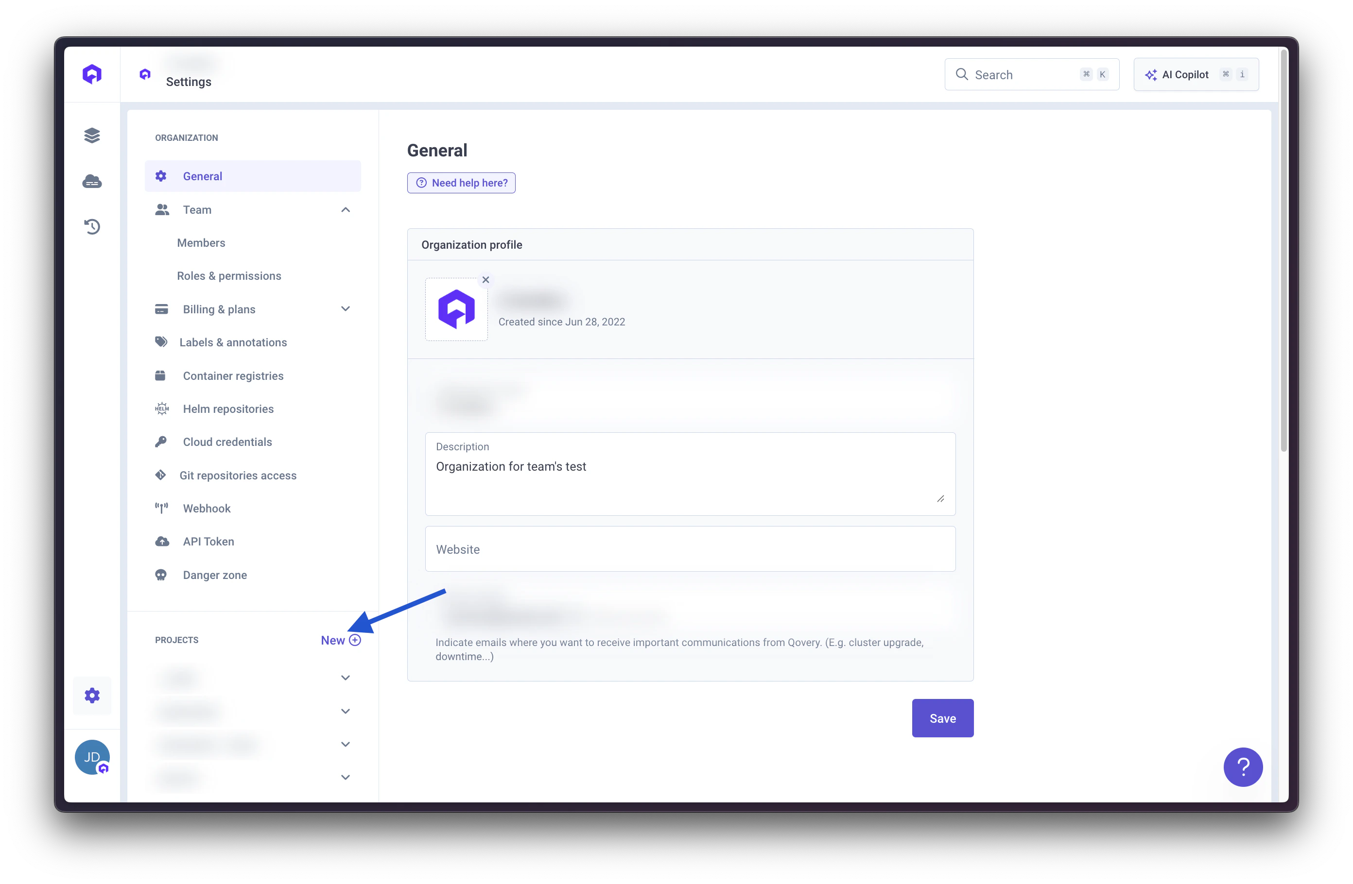 Create a new project in Qovery