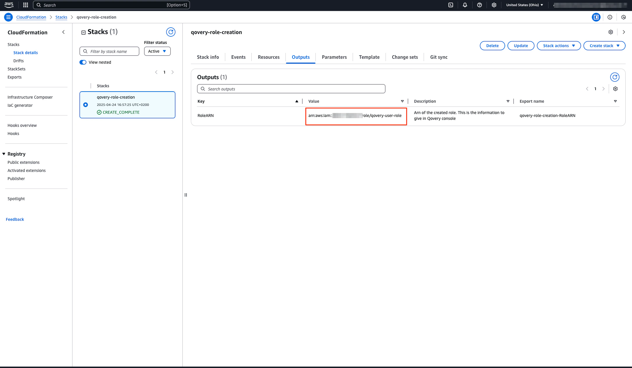 CloudFormation stack output with Role ARN