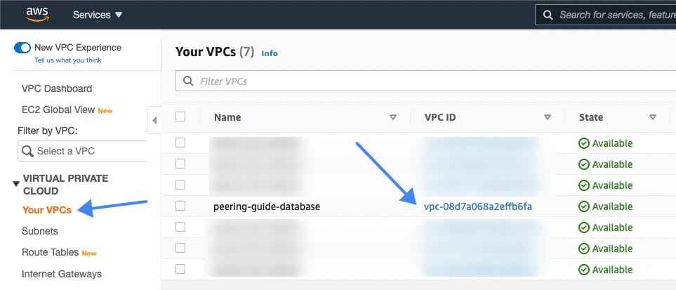 AWS console VPC list