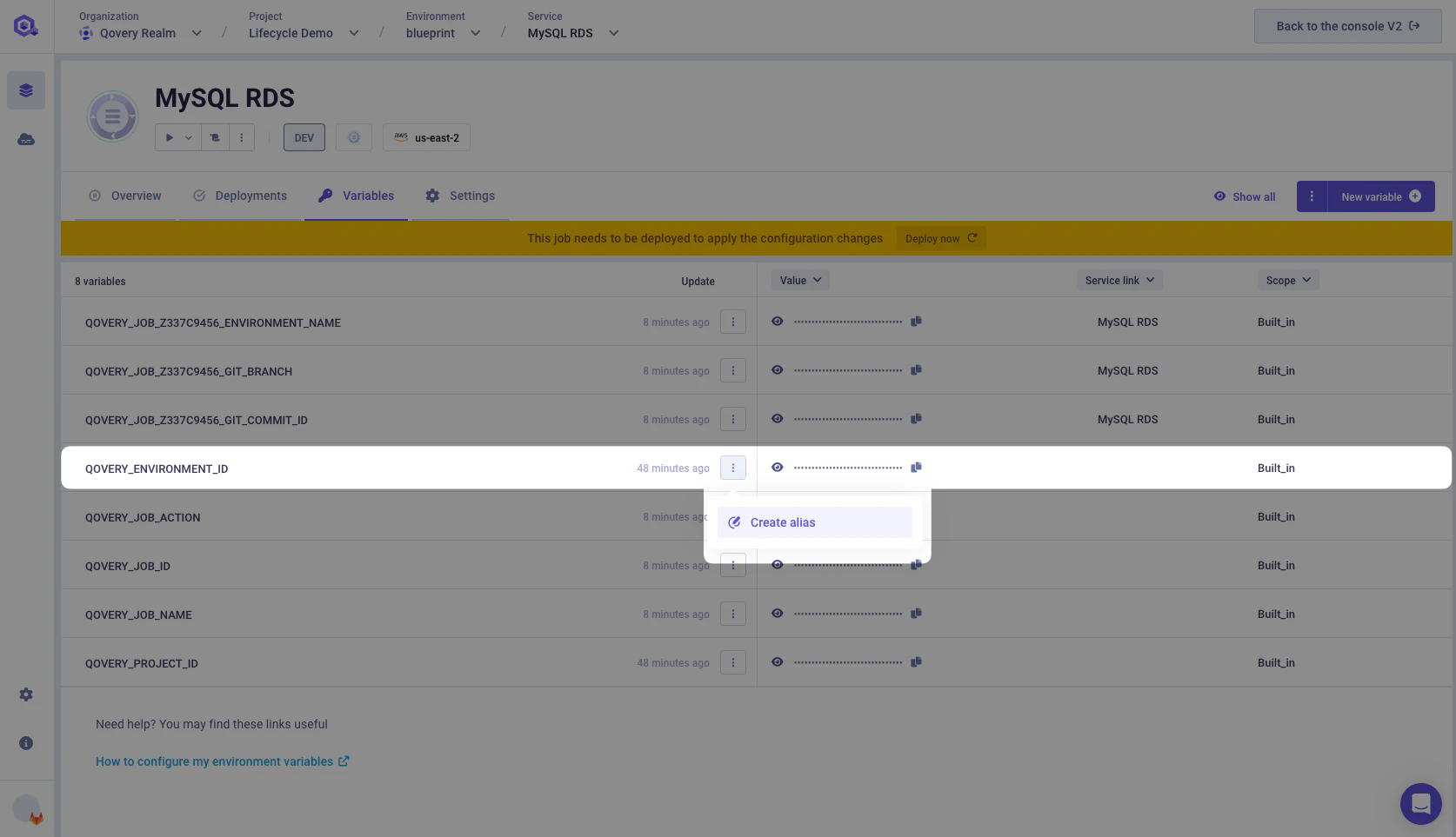 Search QOVERY_ENVIRONMENT_ID