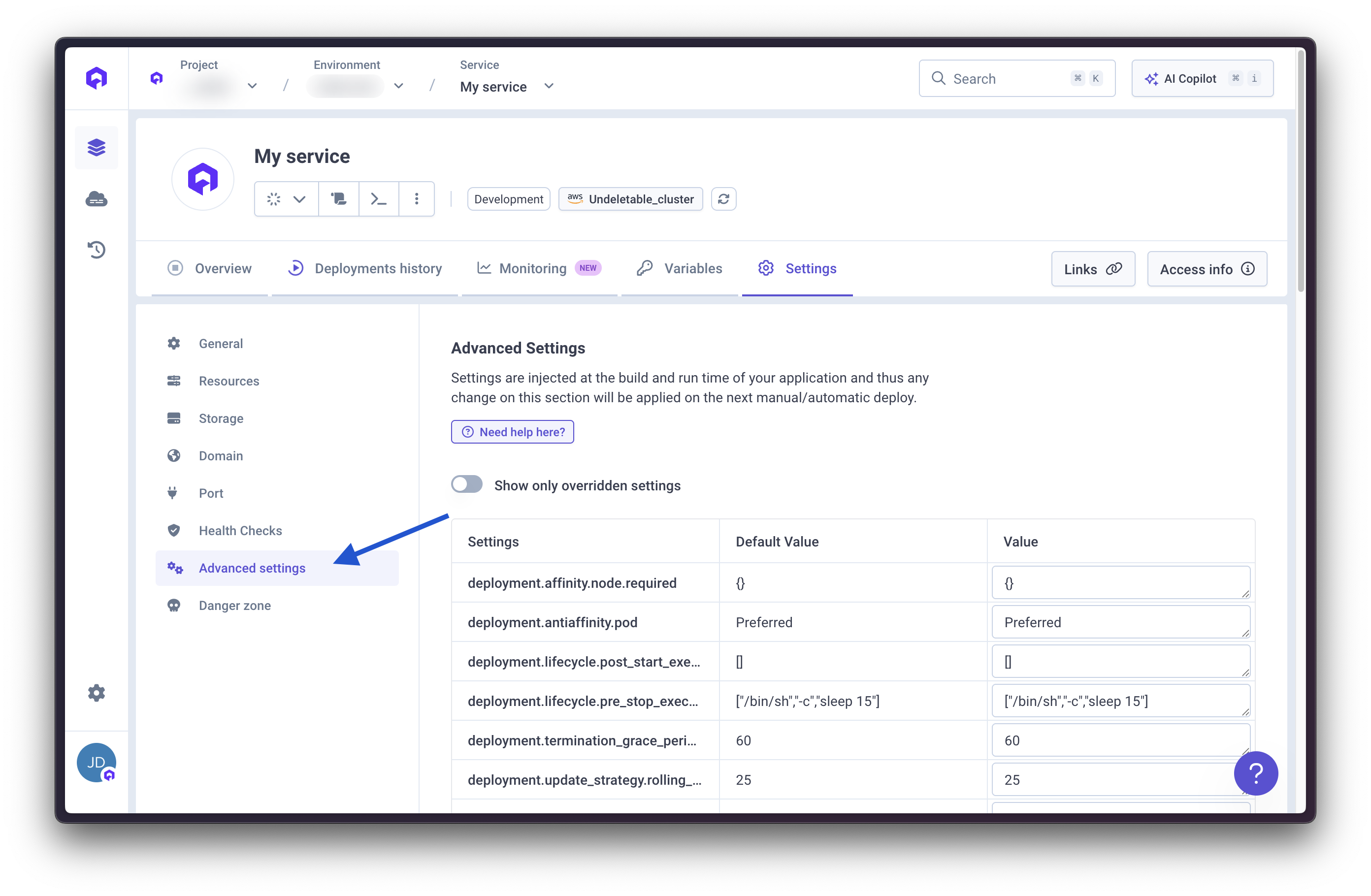Advanced Settings Interface