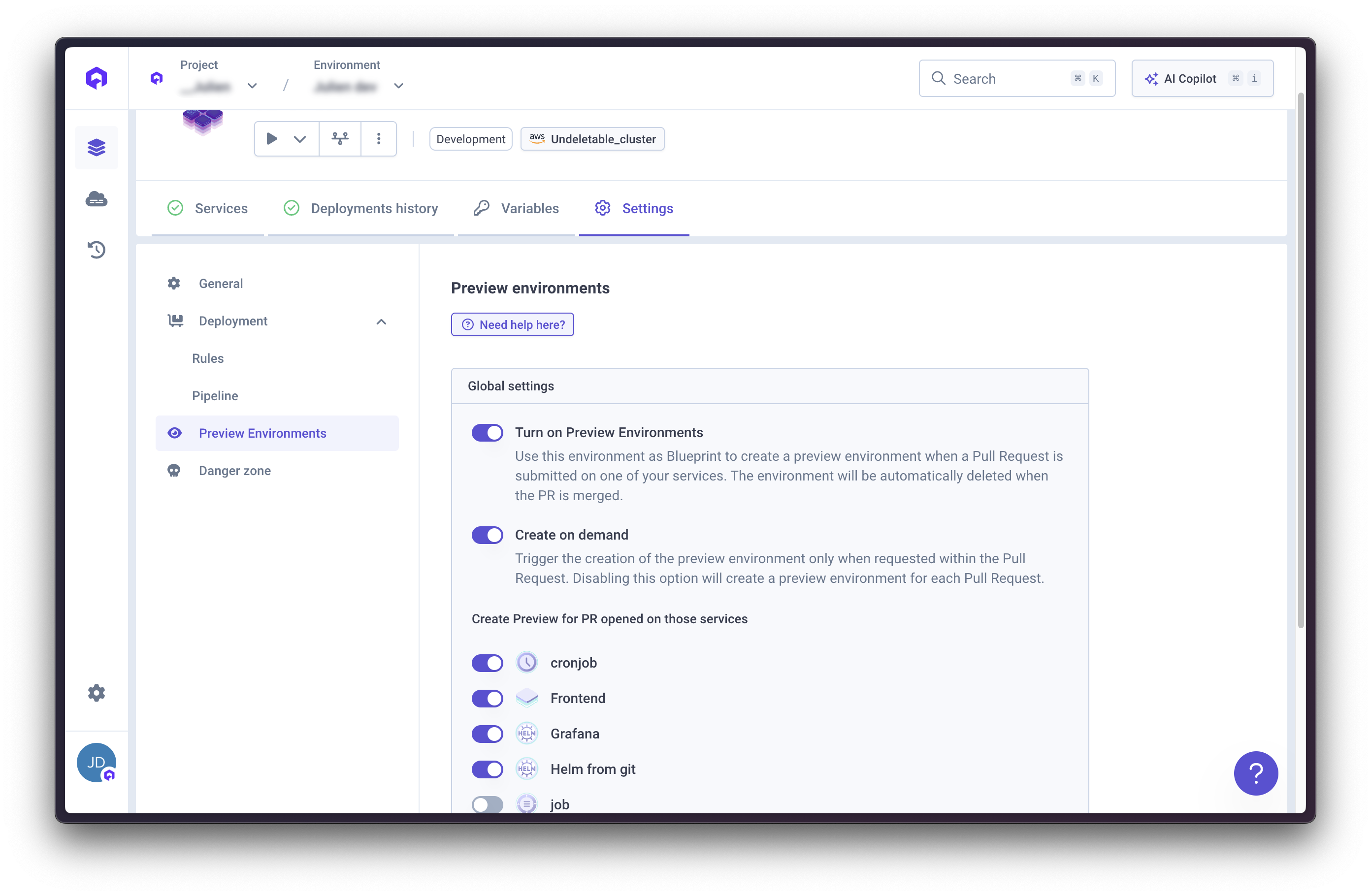 Preview Environment Settings