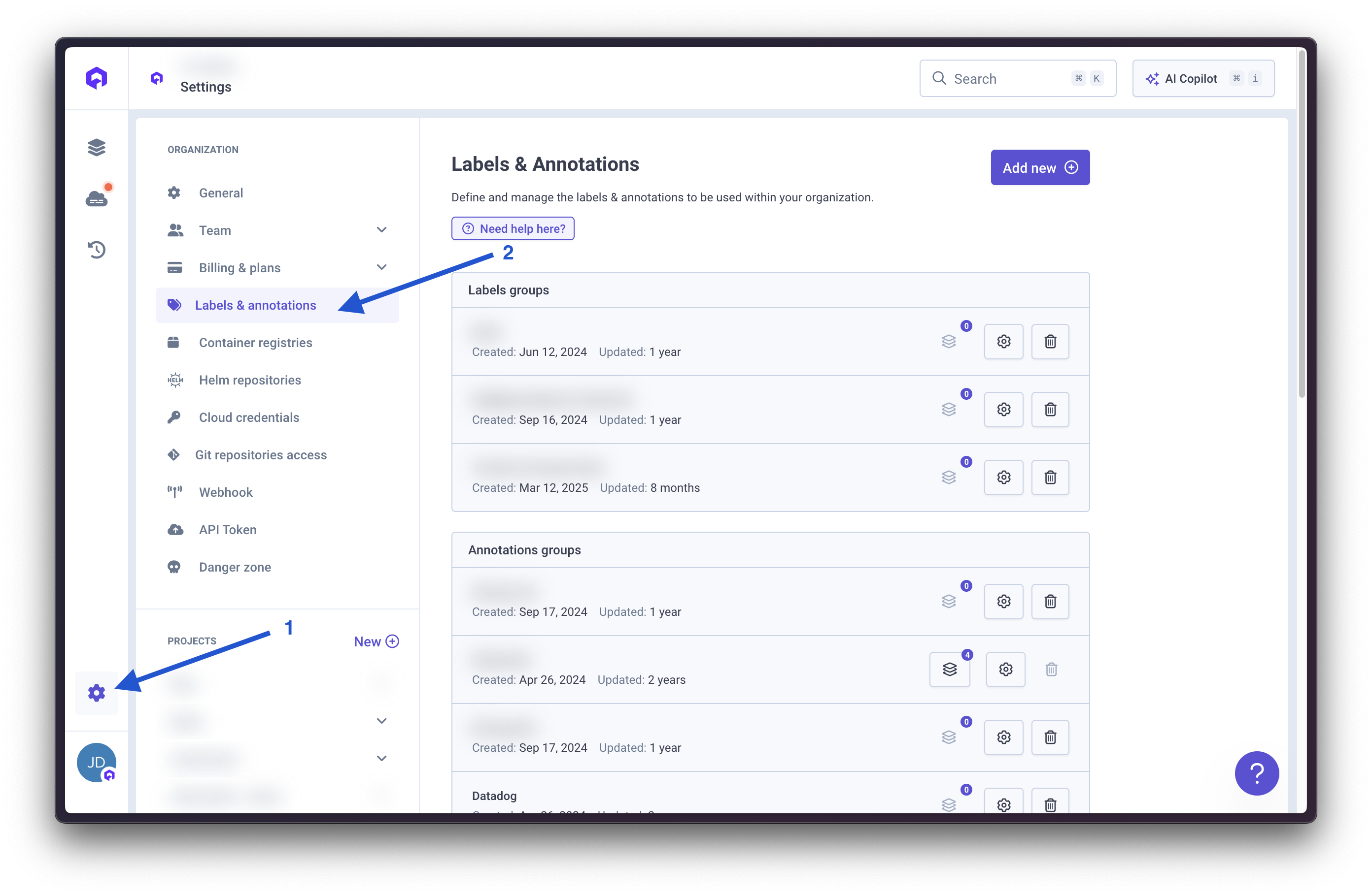 Labels and Annotations Settings