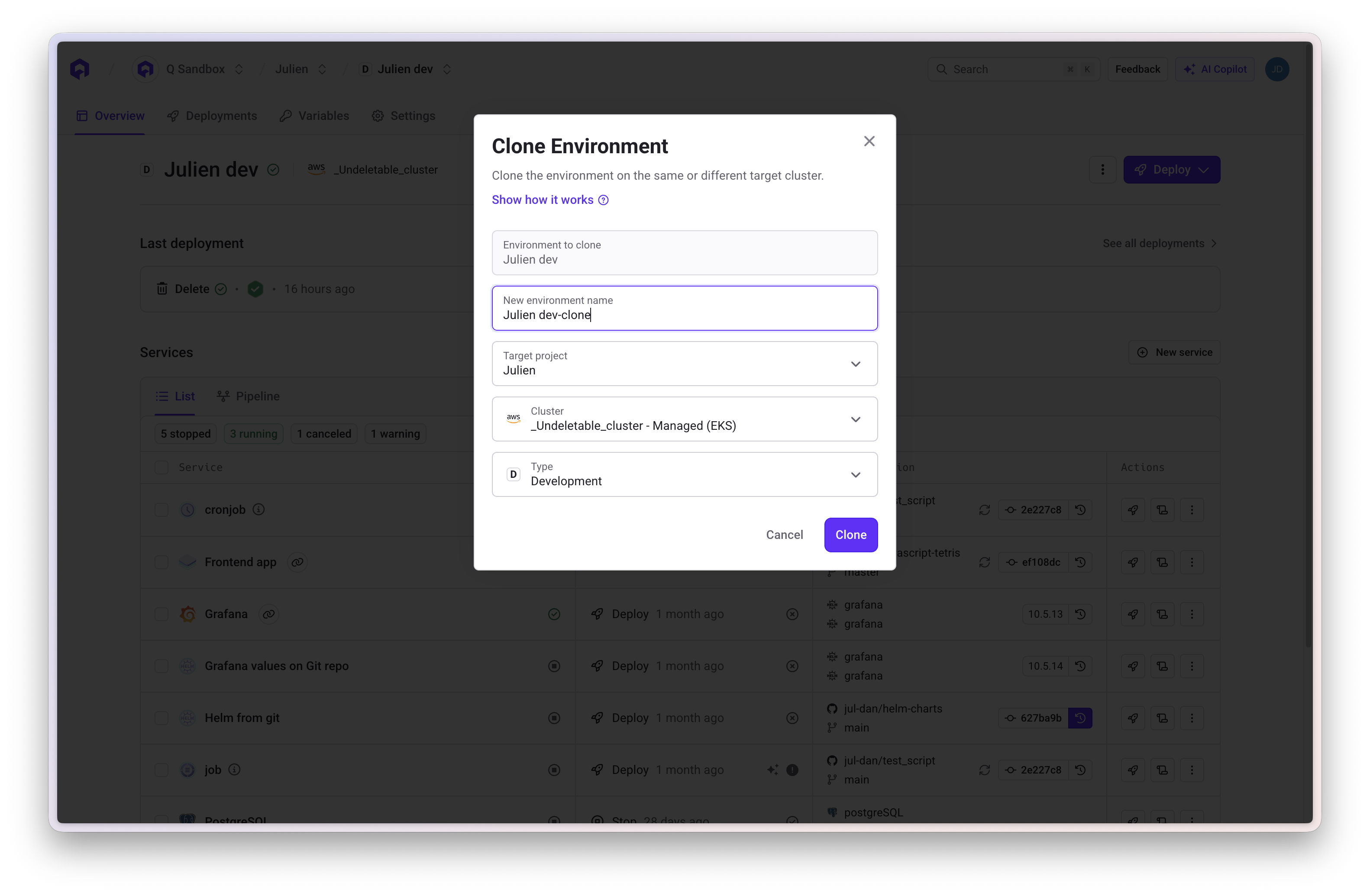 Clone Environment Modal