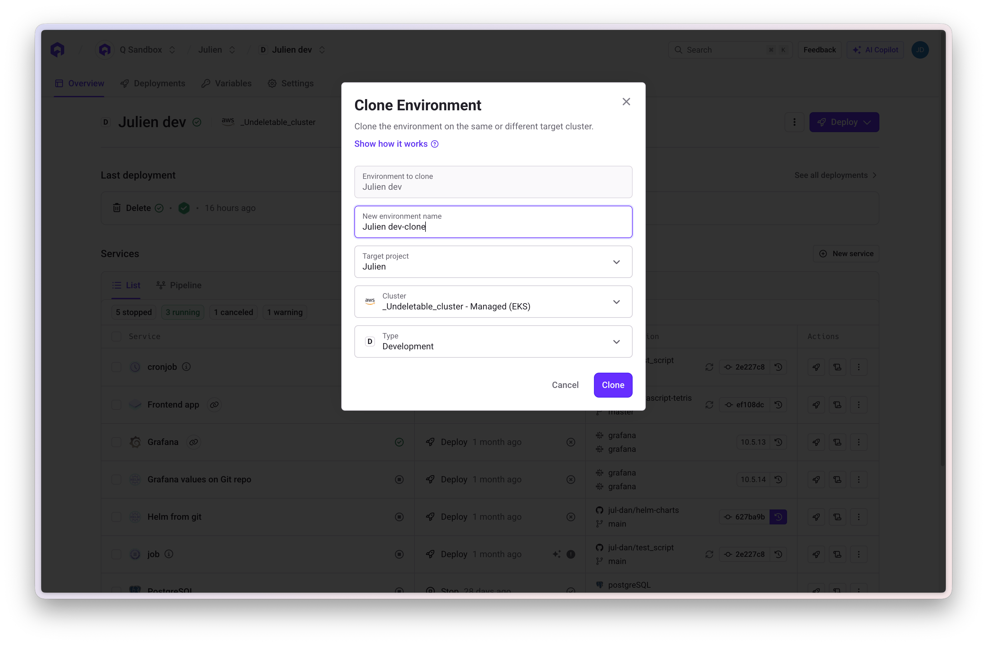 Clone Environment Modal