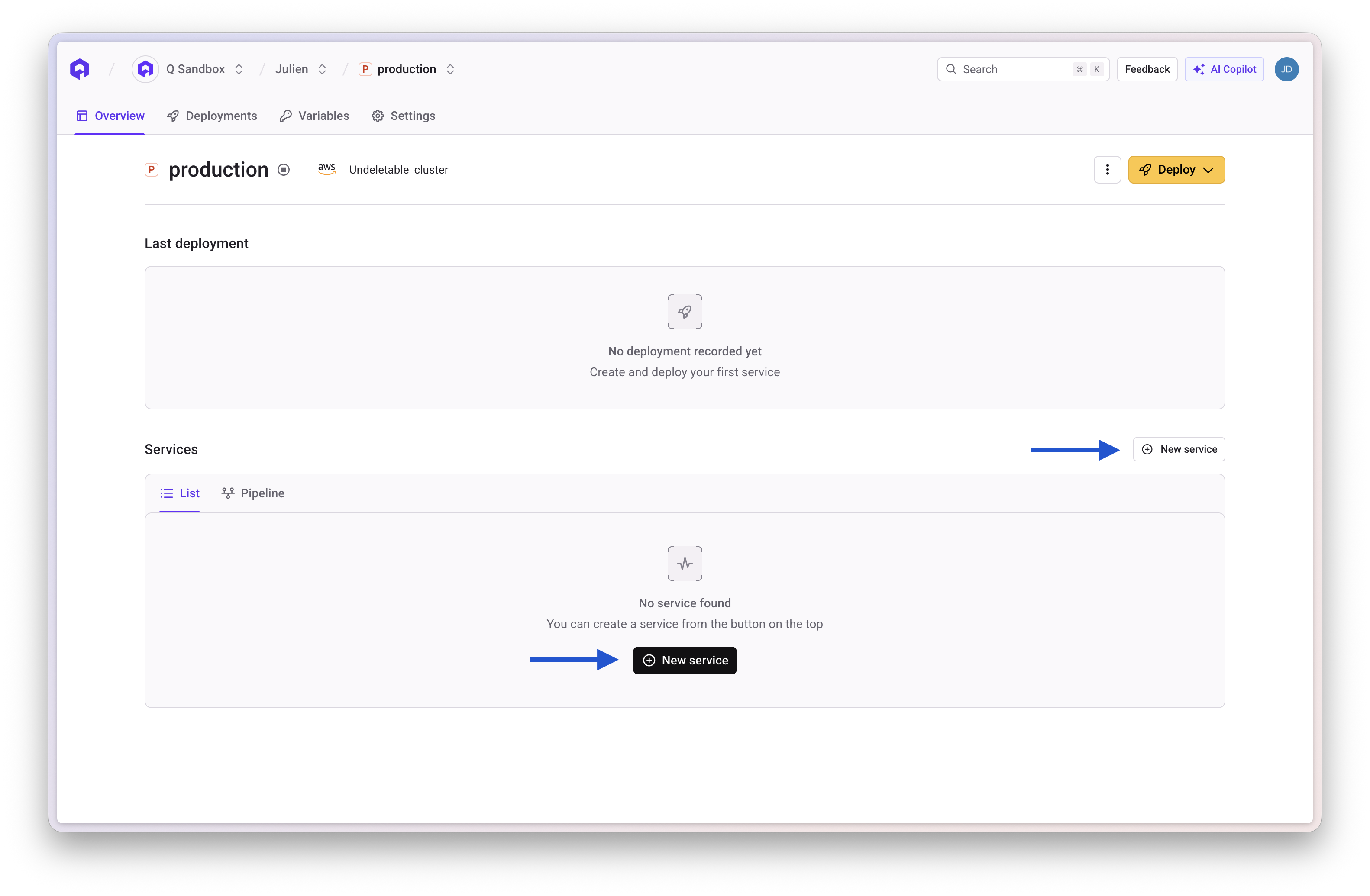 Click New Service to create an application