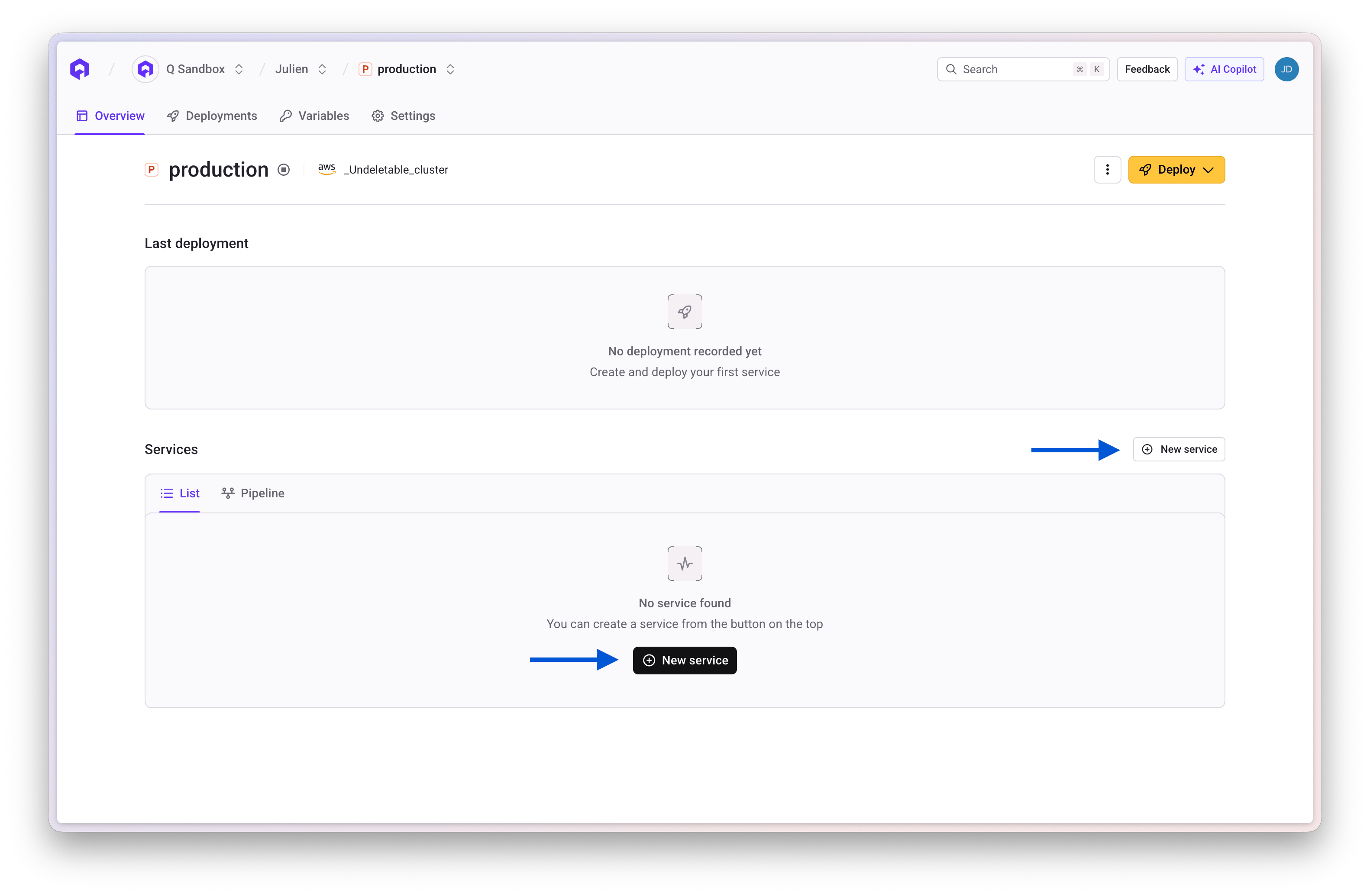 Click New Service to create an application