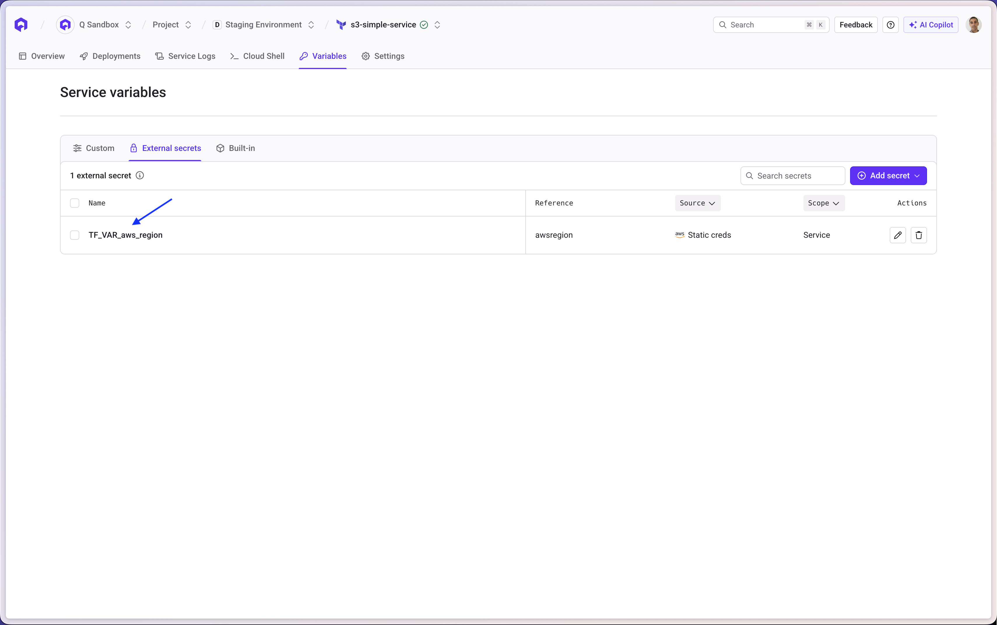 Terraform service external secret