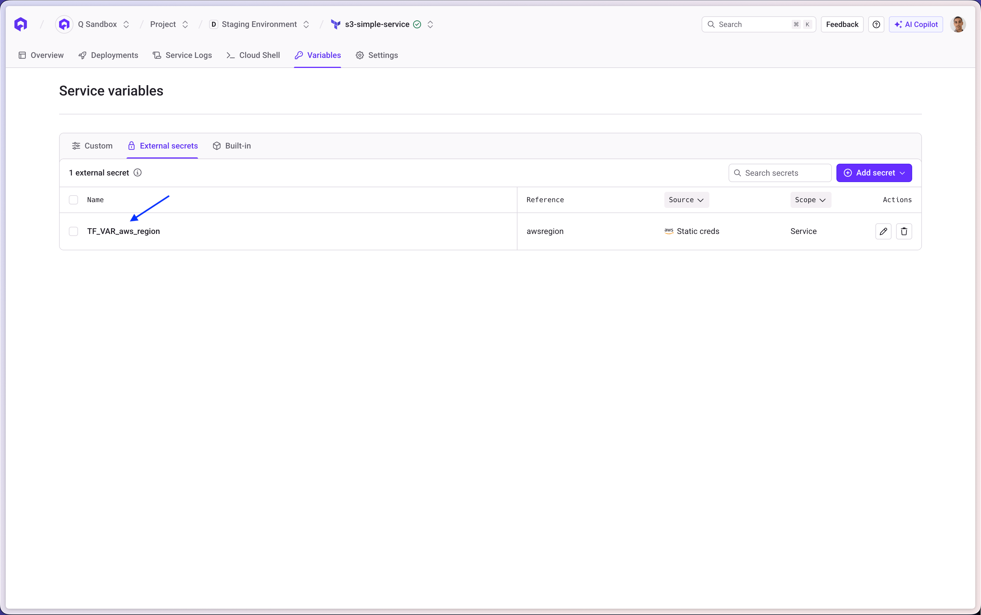 Terraform service external secret