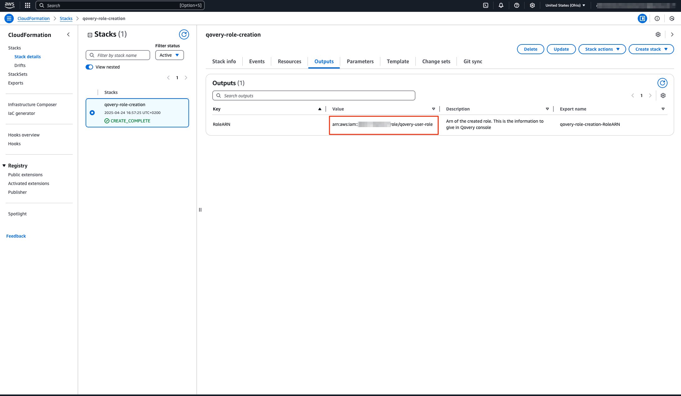 CloudFormation stack output with Role ARN