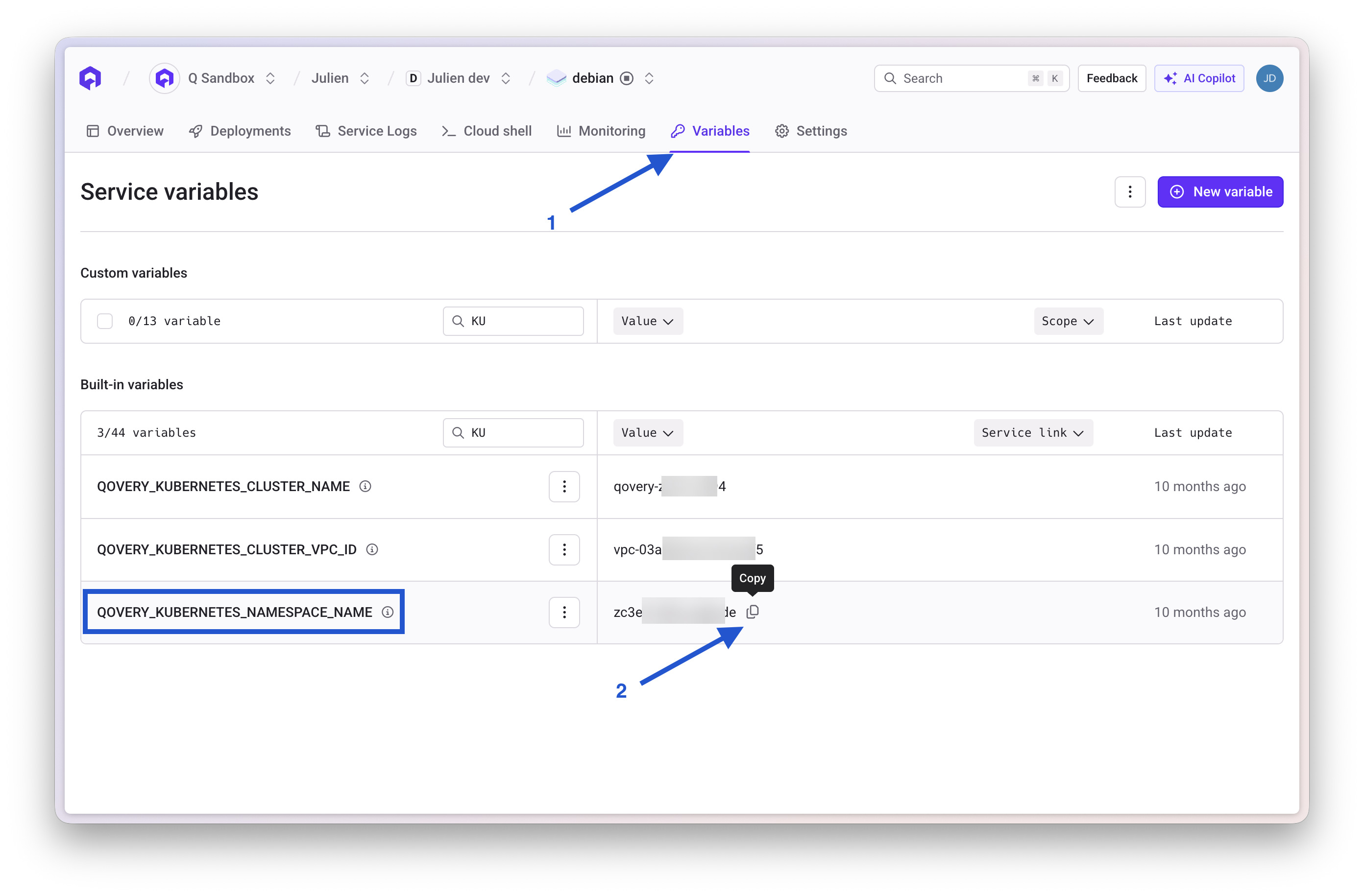 Get Kubernetes namespace from container variables