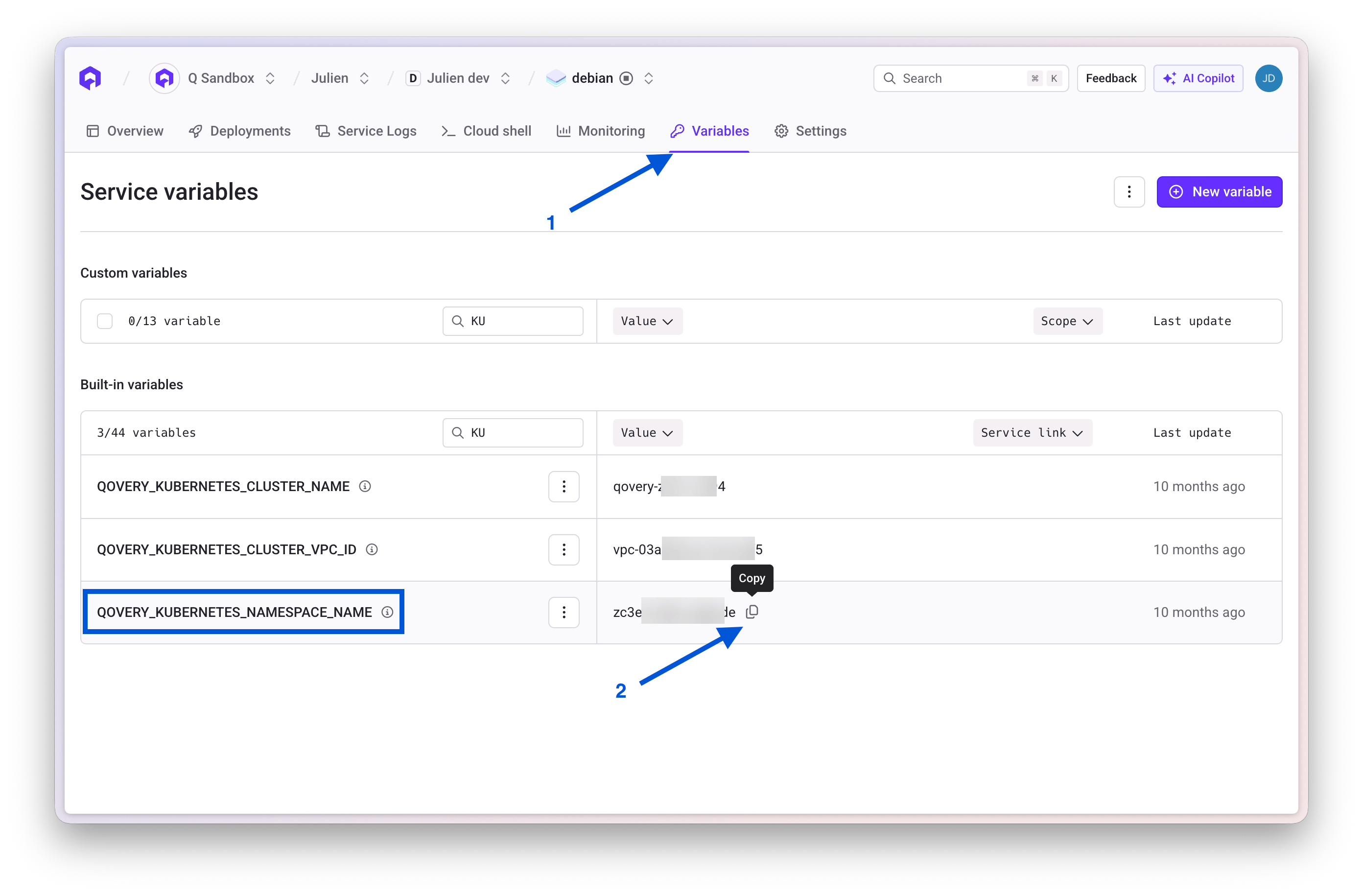 Get Kubernetes namespace from container variables