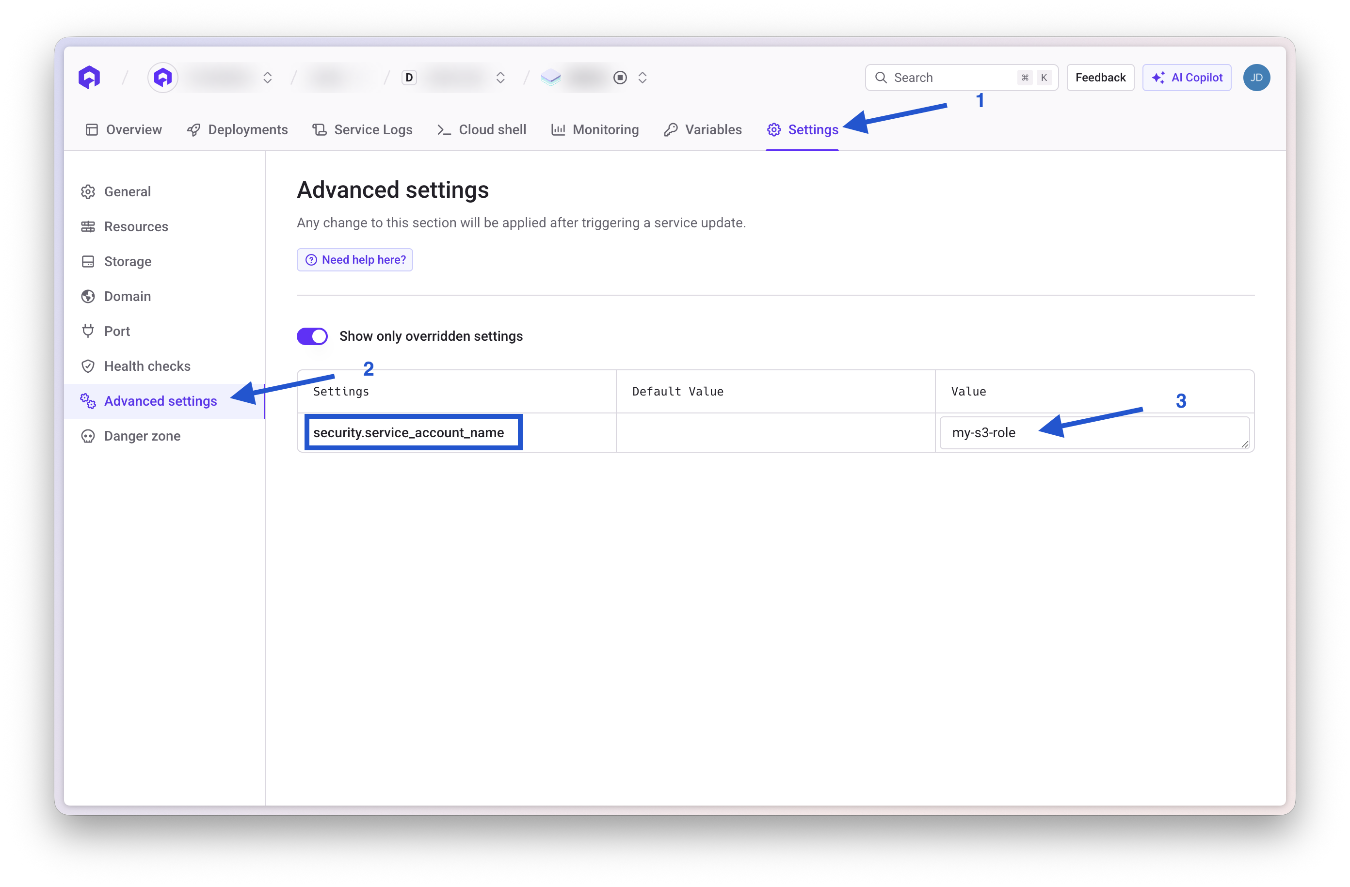 Set service account on application