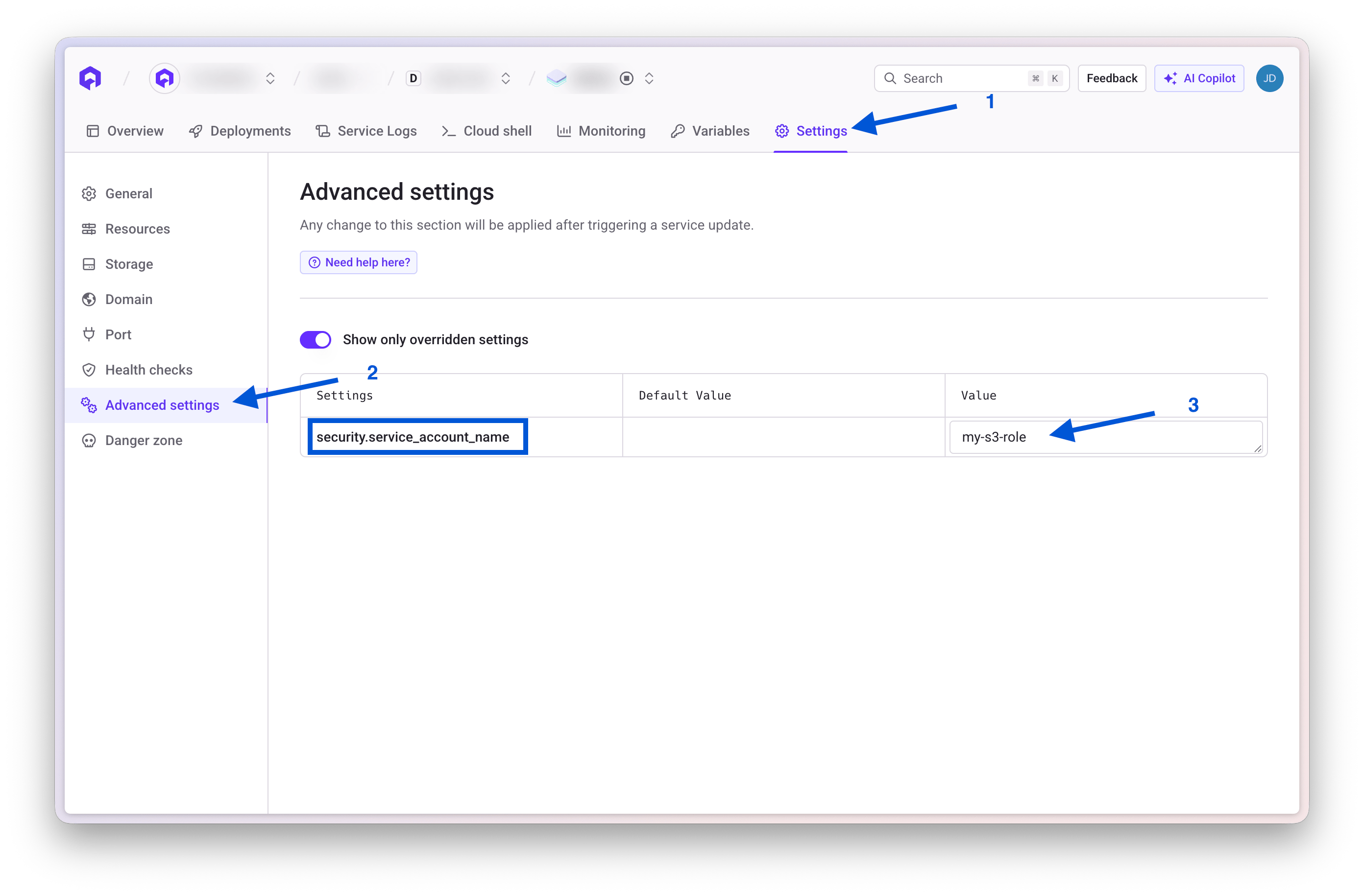 Set service account on application