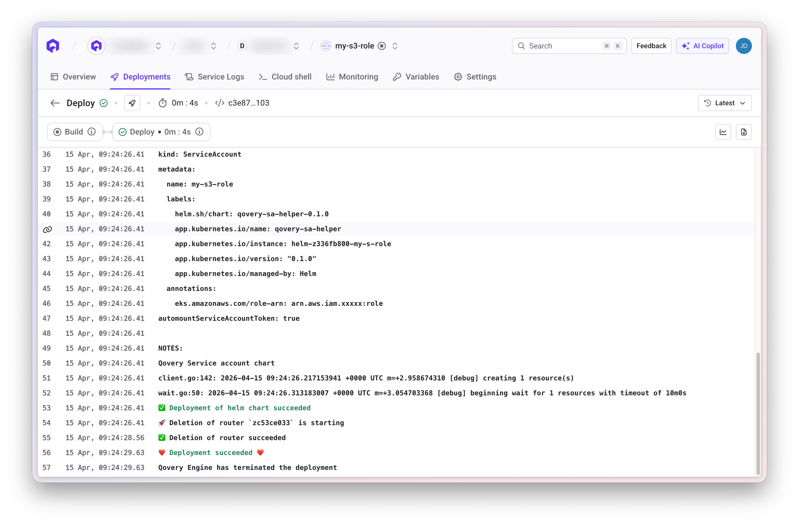 Service account creation logs