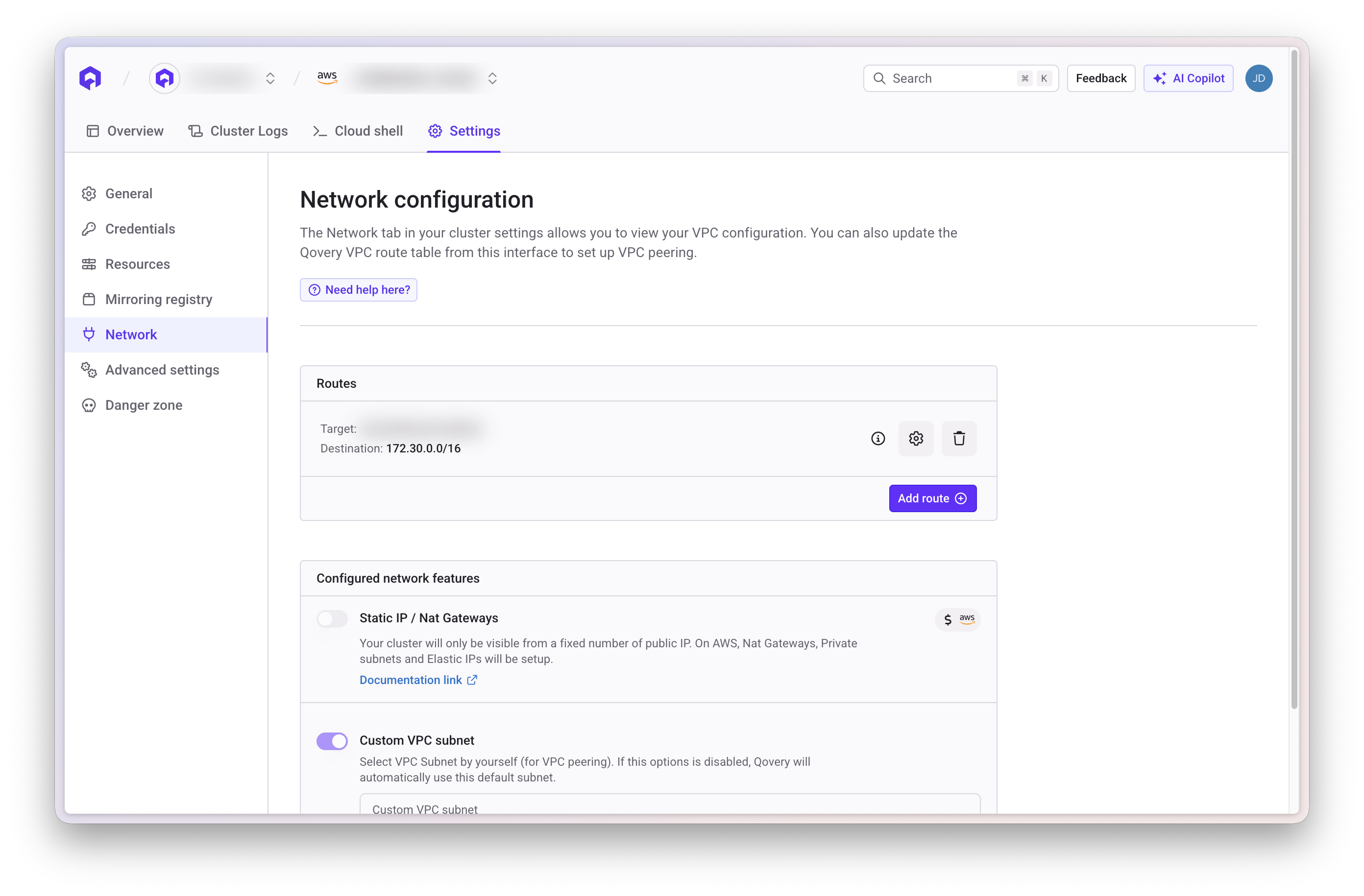 AWS VPC Qovery Route Table add route