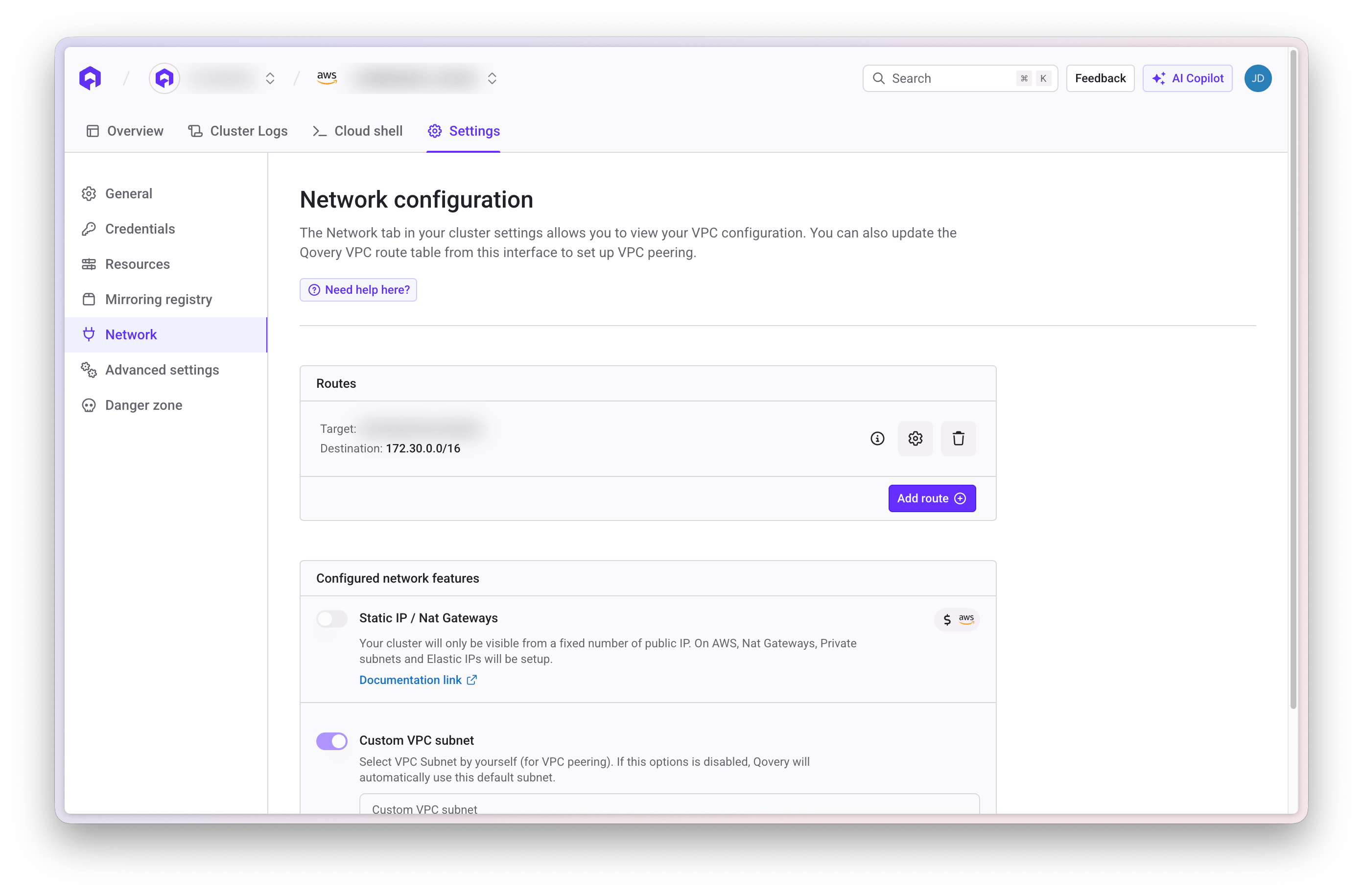 AWS VPC Qovery Route Table add route