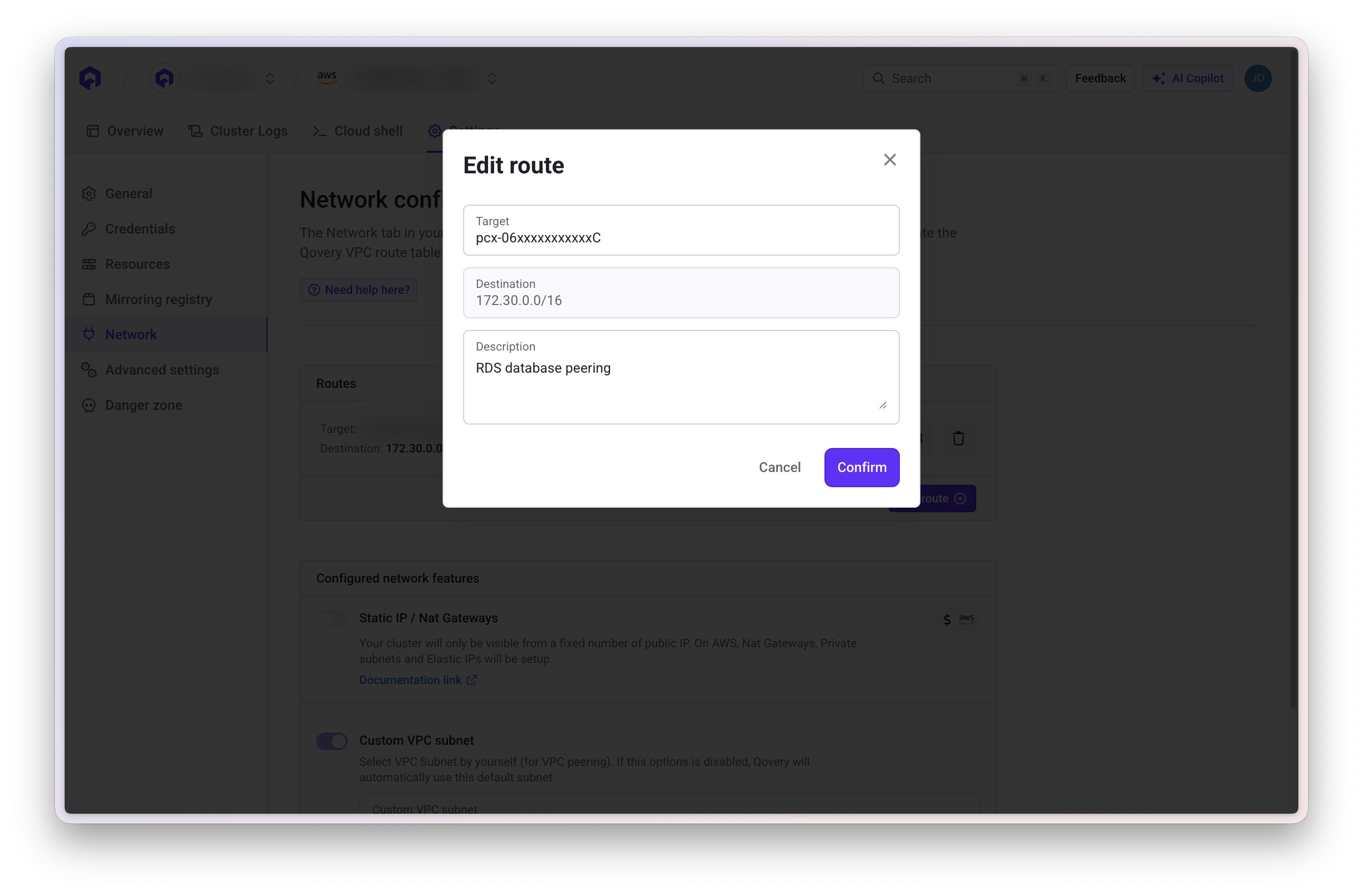 AWS VPC Qovery Route Table add route