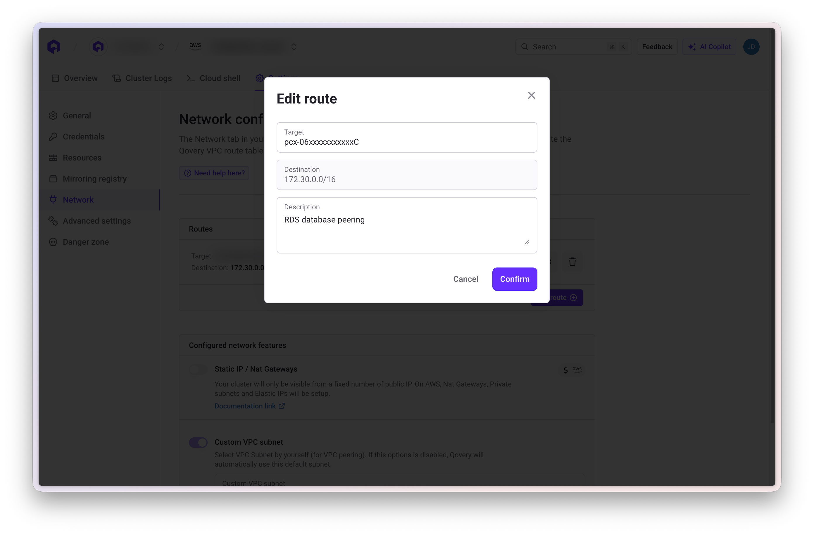 AWS VPC Qovery Route Table add route