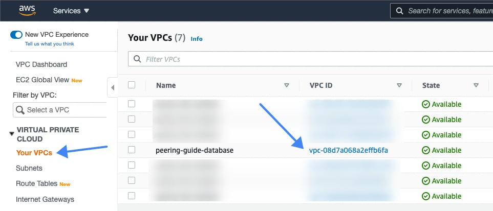 AWS console VPC list