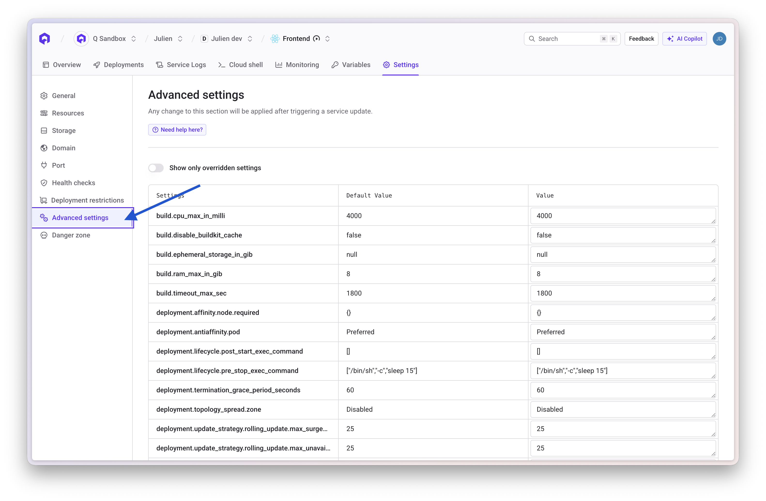 Advanced Settings Interface