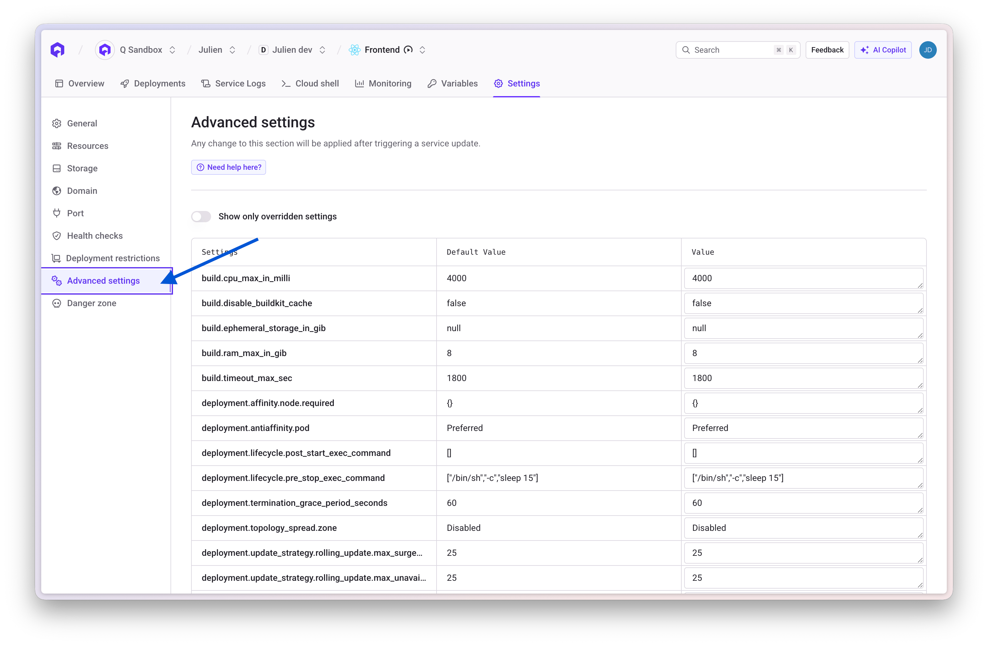 Advanced Settings Interface