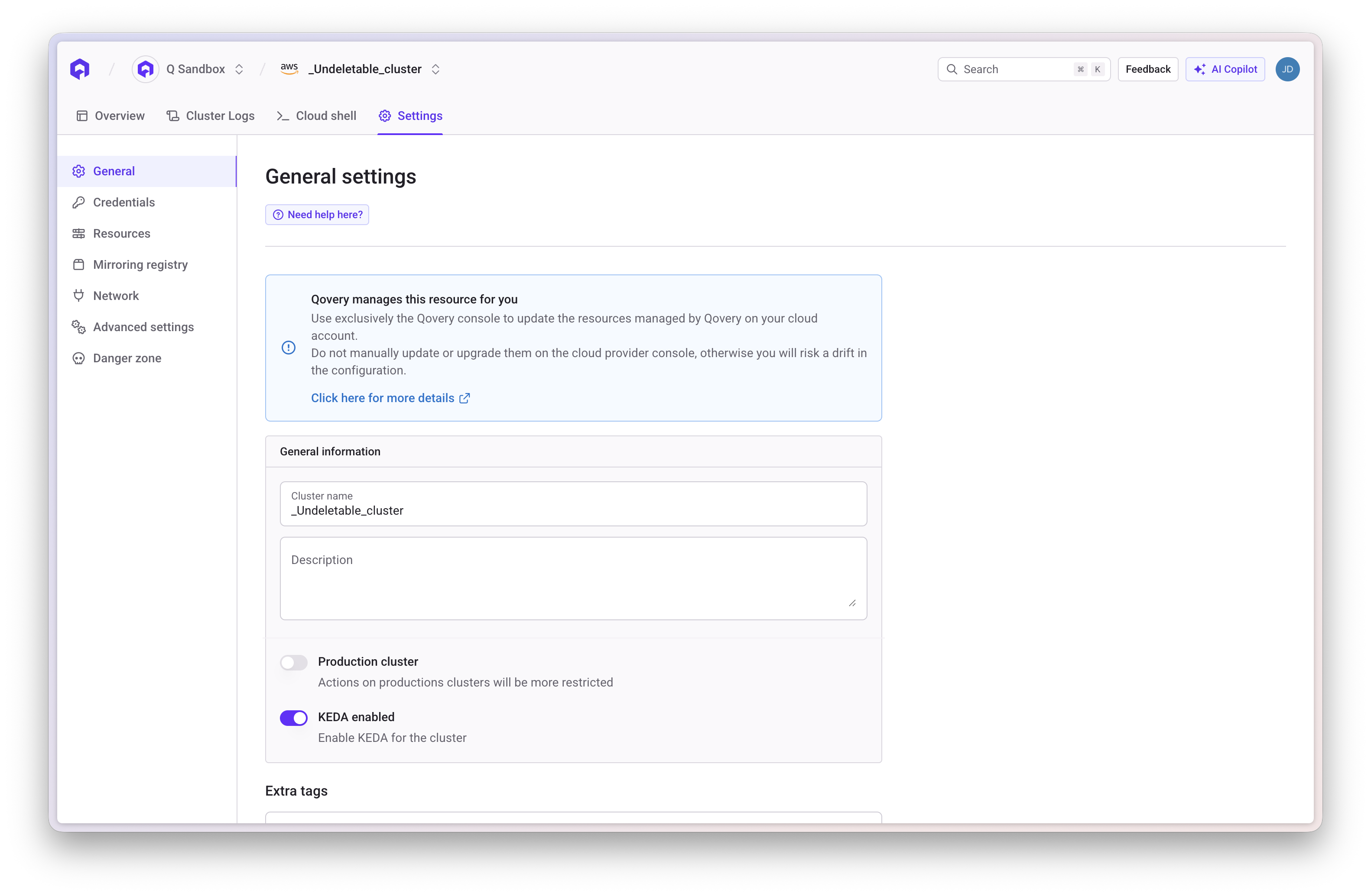 Enable KEDA in cluster general settings