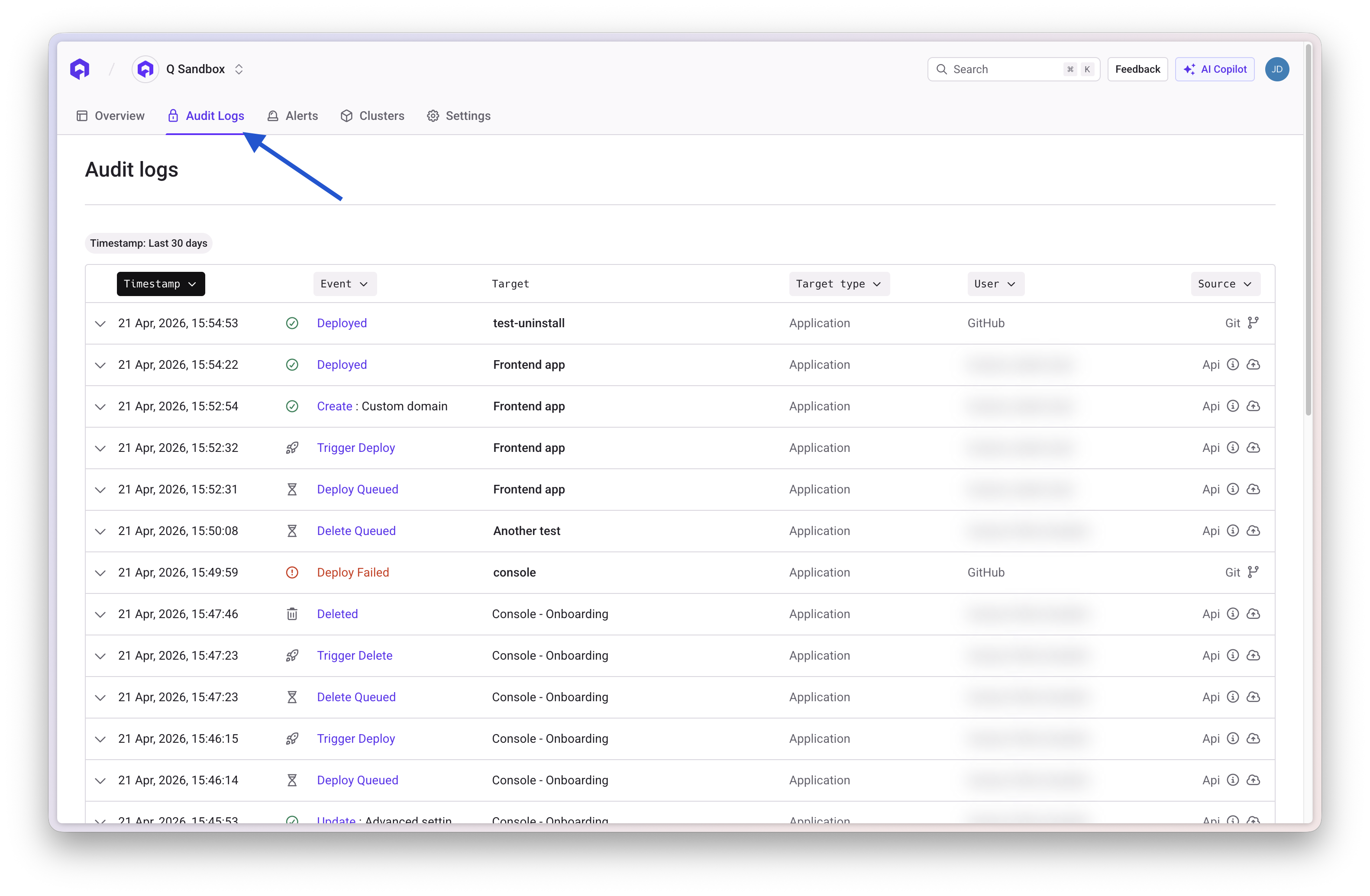 Access audit logs from left navigation