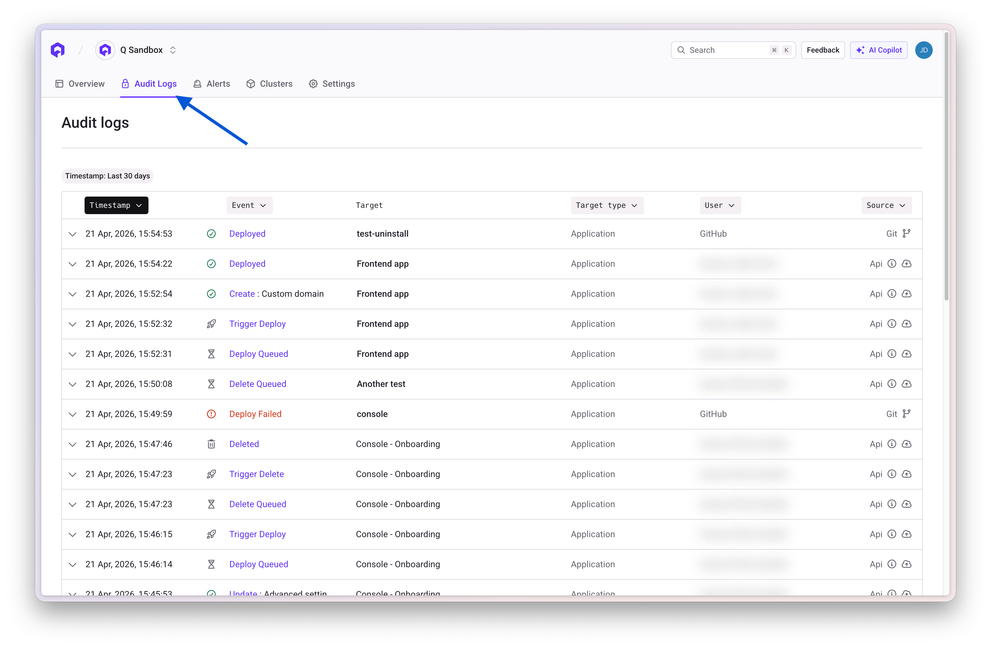 Access audit logs from left navigation