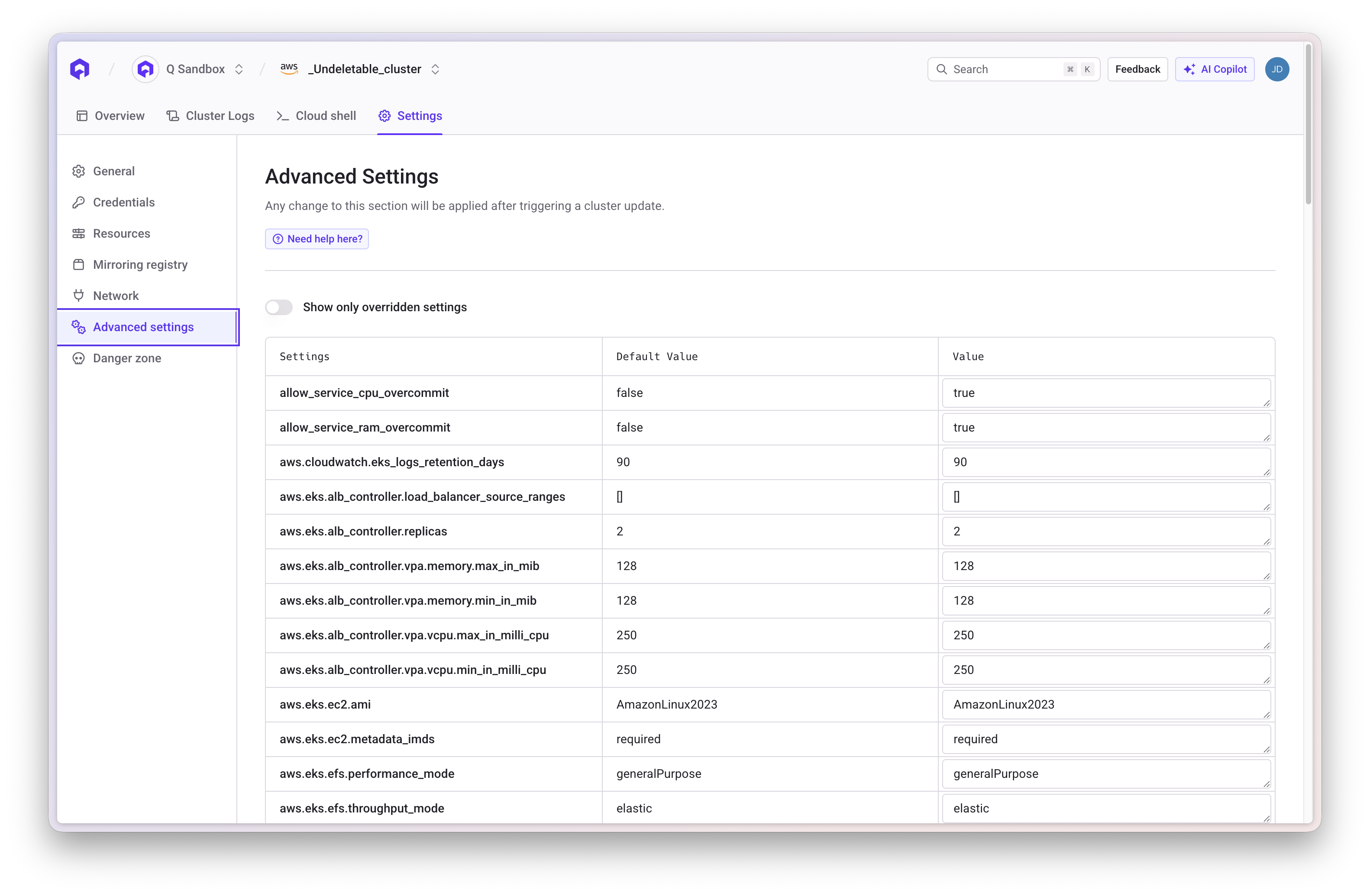 Cluster Advanced Settings in Console