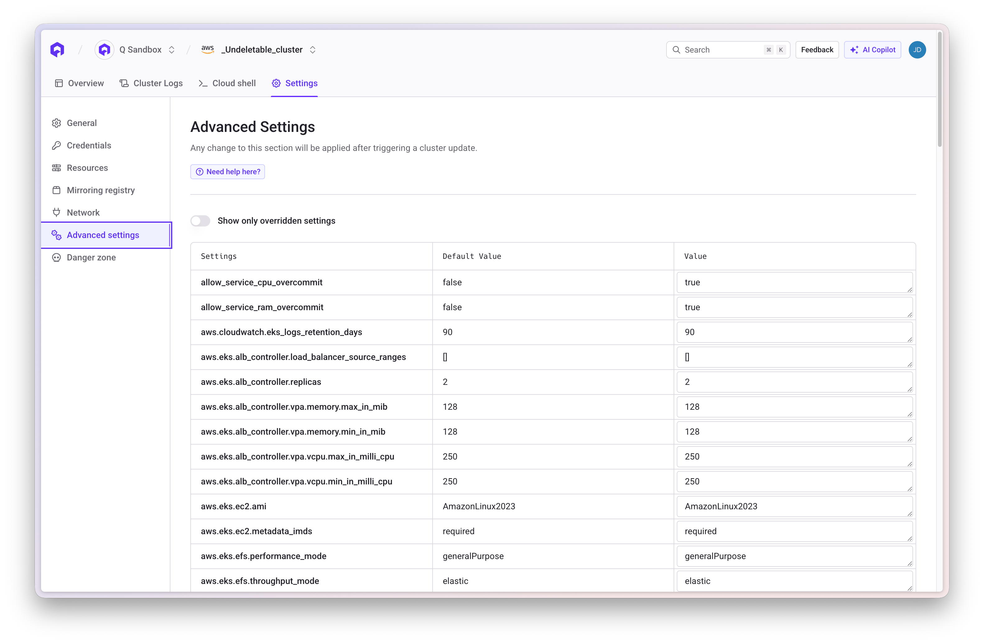 Cluster Advanced Settings in Console