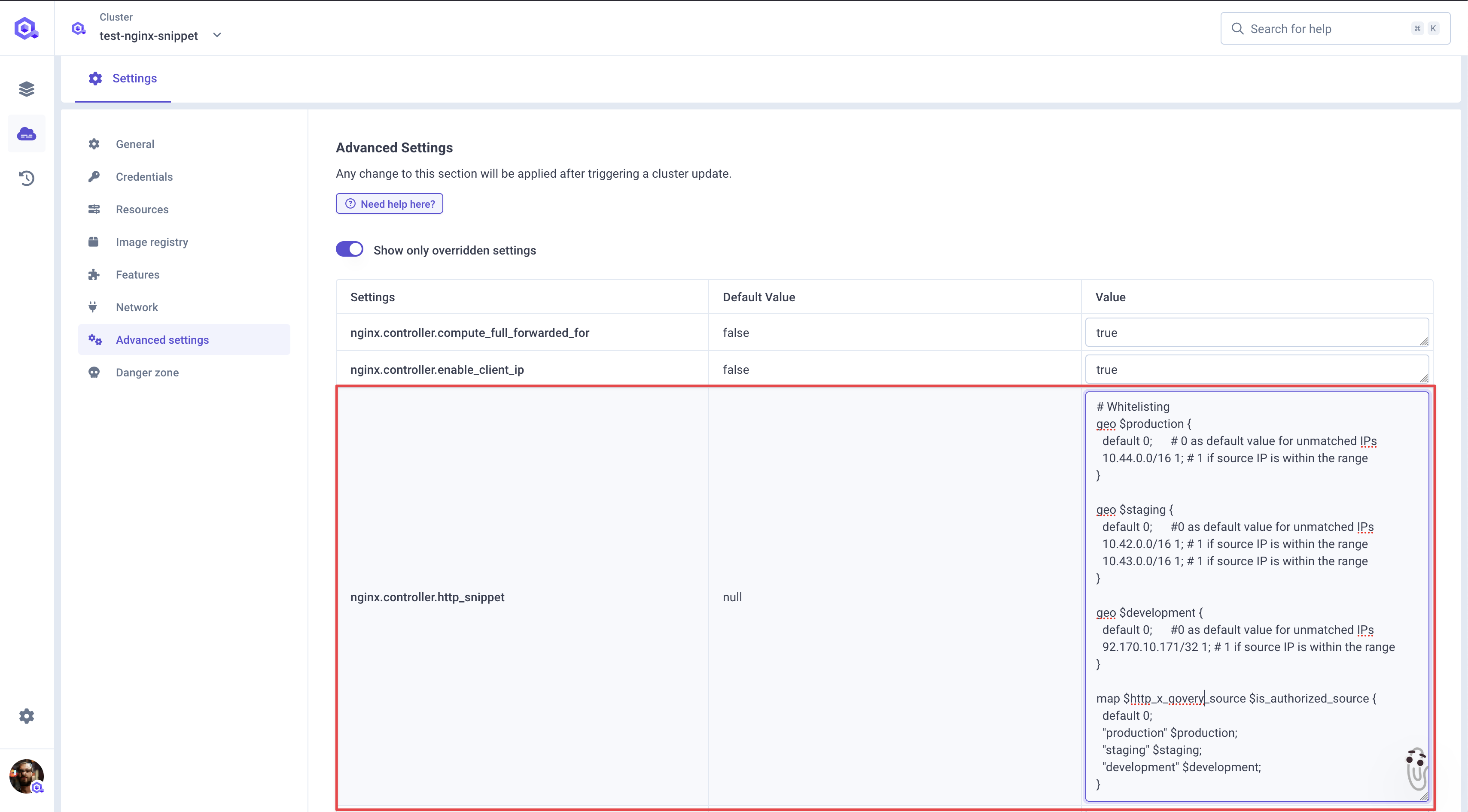 HTTP snippet with whitelisting rules