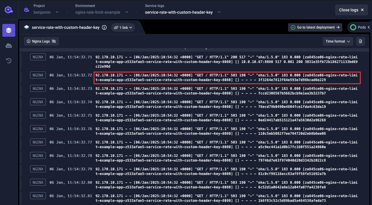 Service logs with custom header