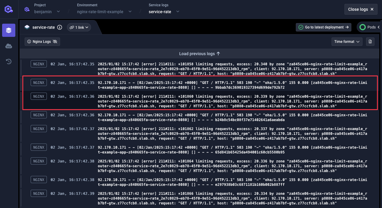 Service rate limit logs