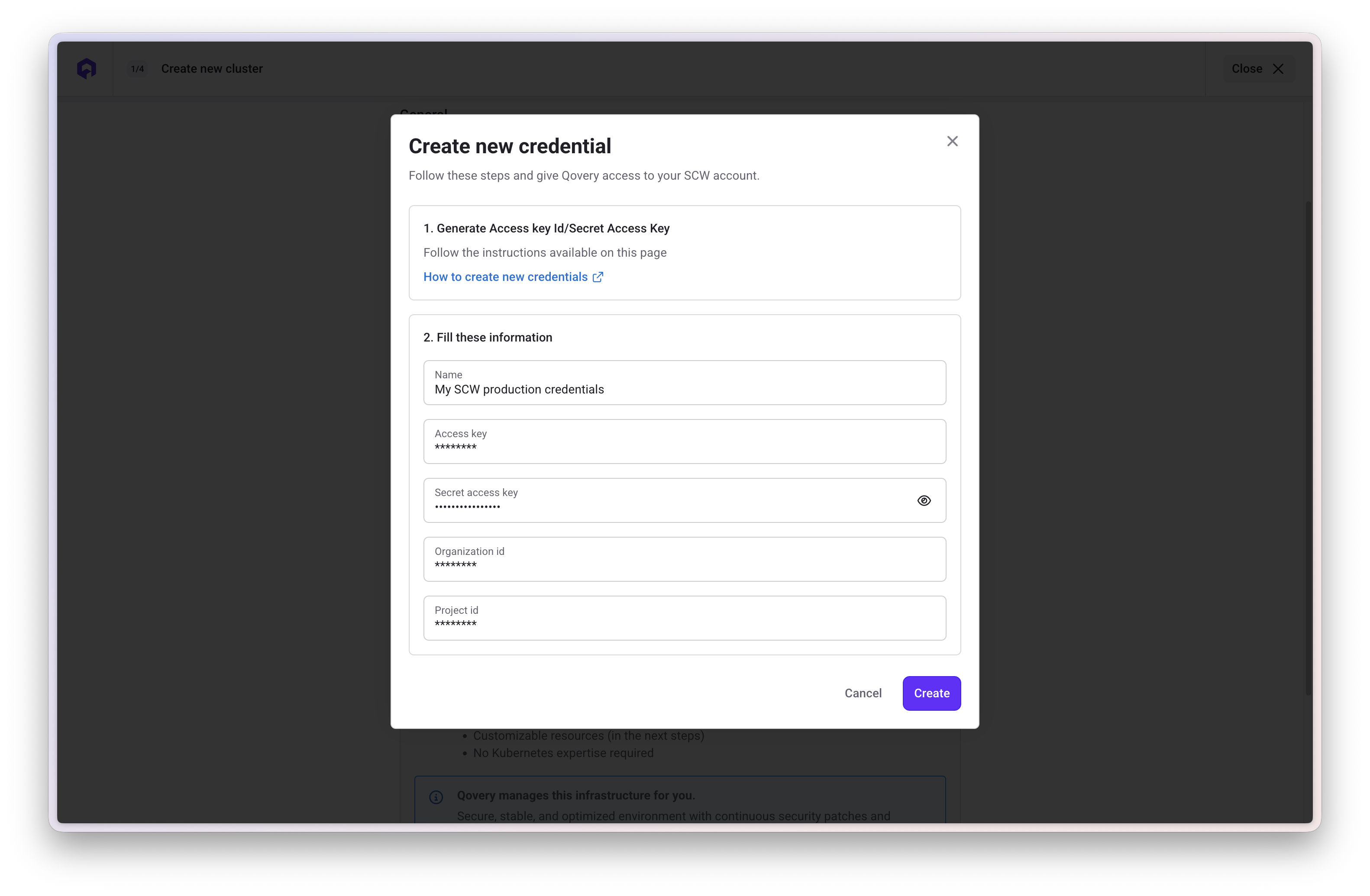 Enter Scaleway credentials in Qovery Console