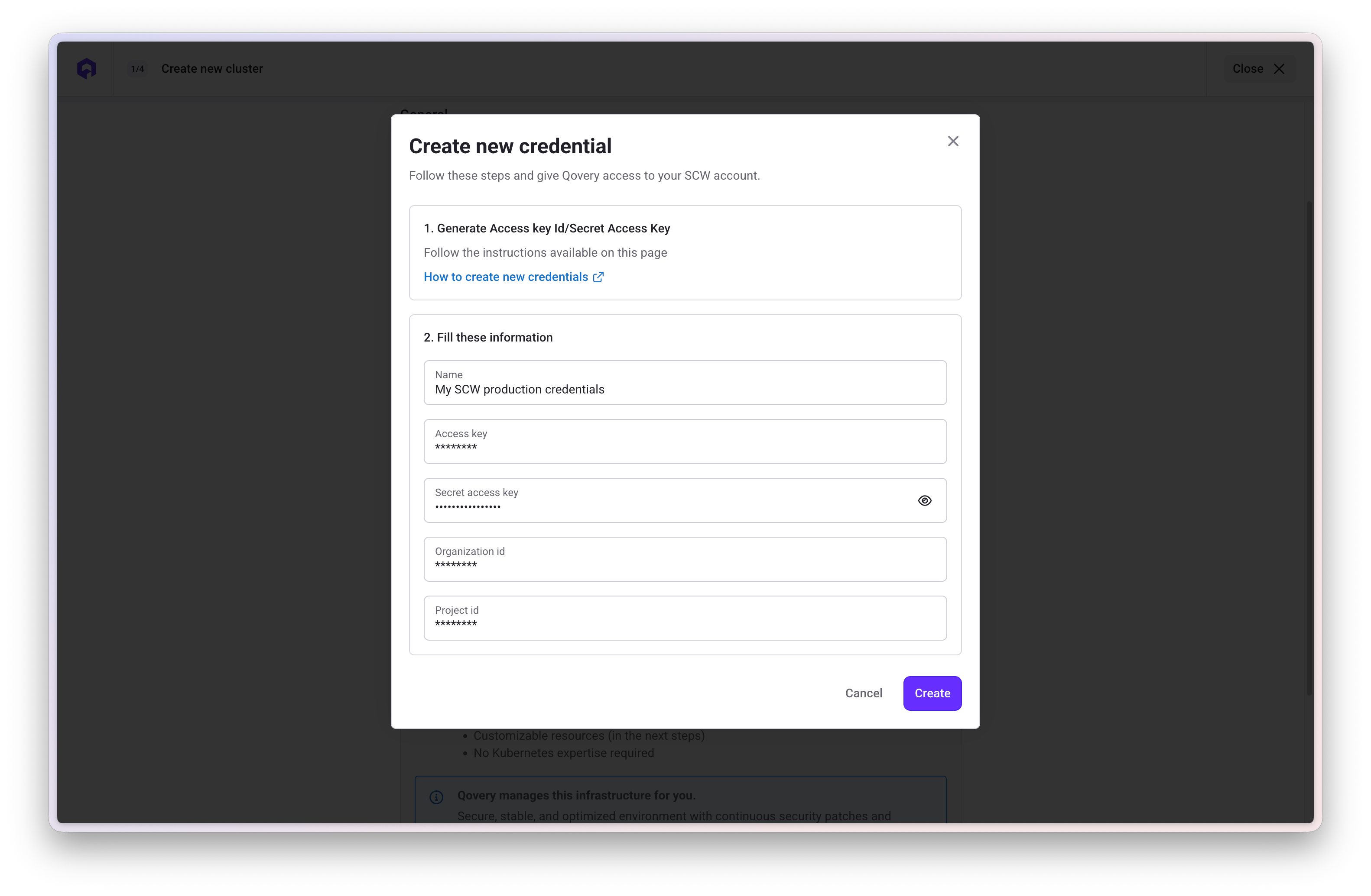 Enter Scaleway credentials in Qovery Console