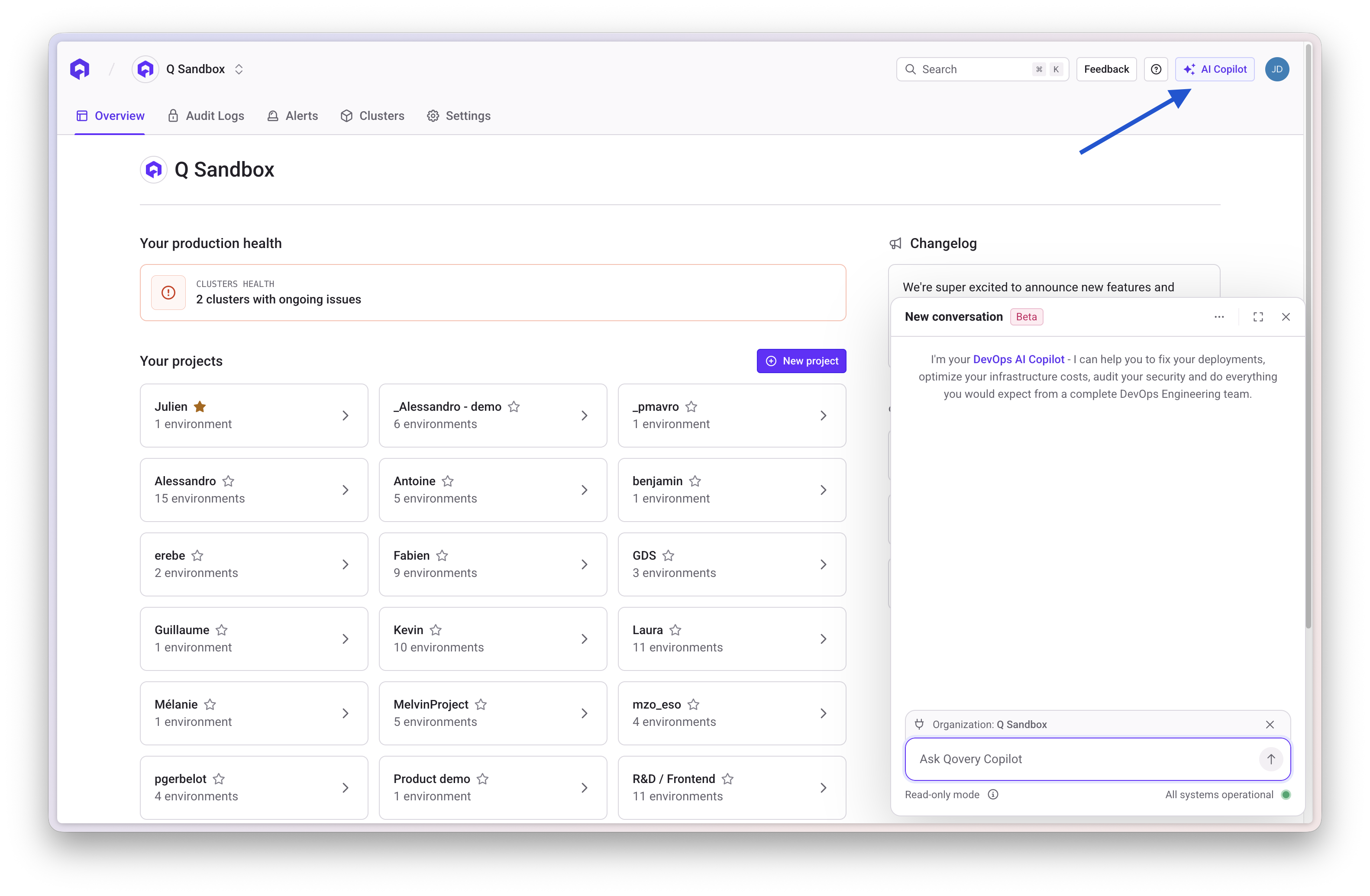 AI Copilot button in Qovery Console