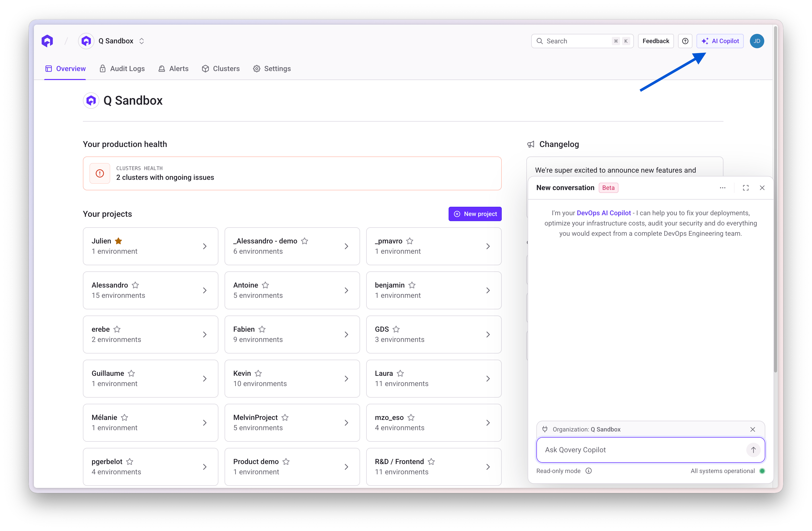 AI Copilot button in Qovery Console