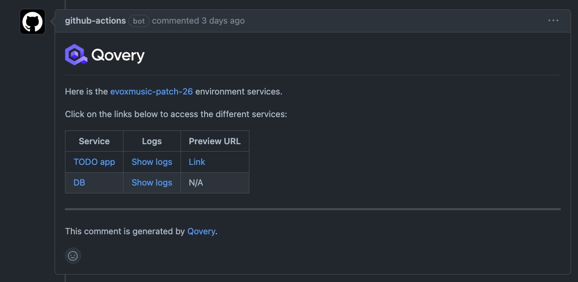 Ephemeral environment status in Pull Request