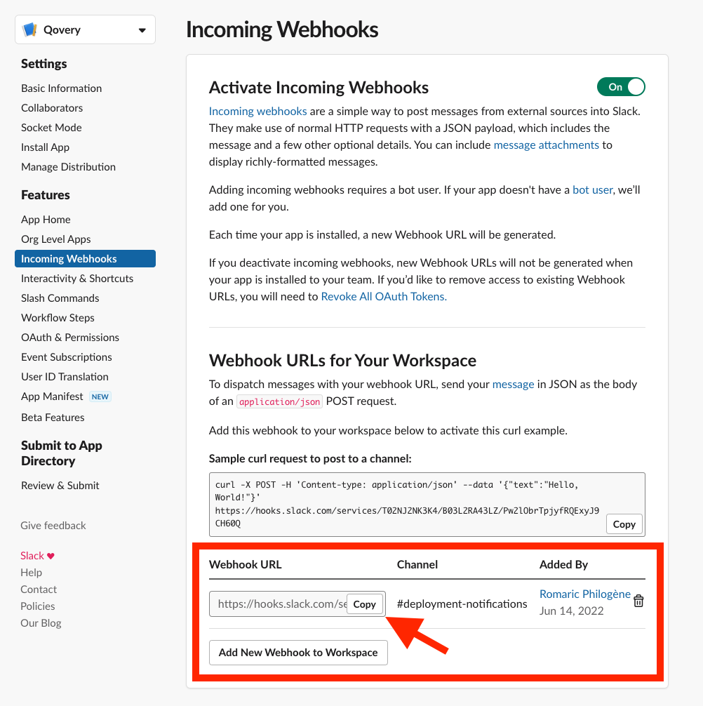 Copy Webhook URL
