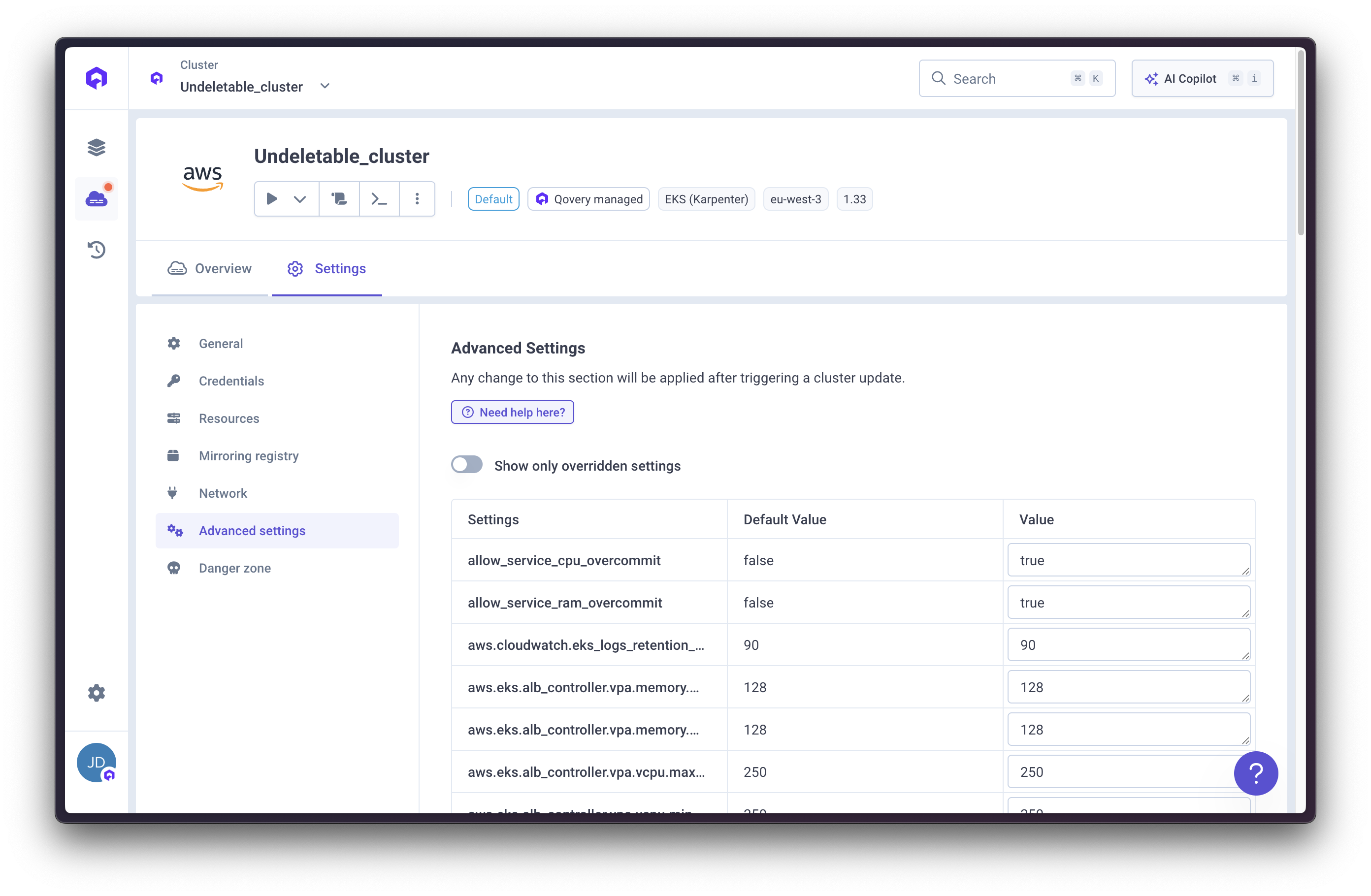 Cluster Advanced Settings in Console