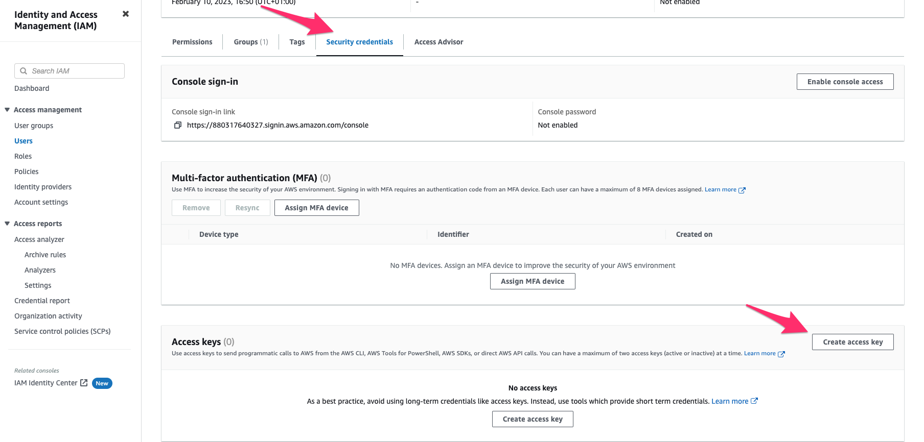 Create access key - step 1