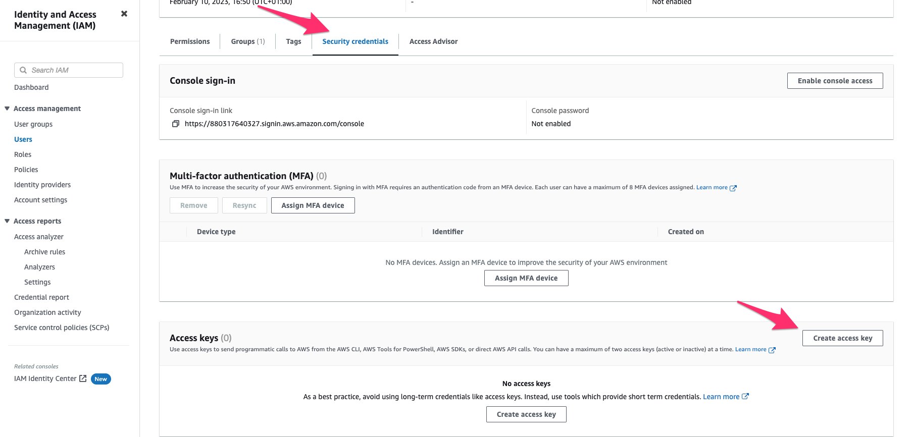 Create access key - step 1