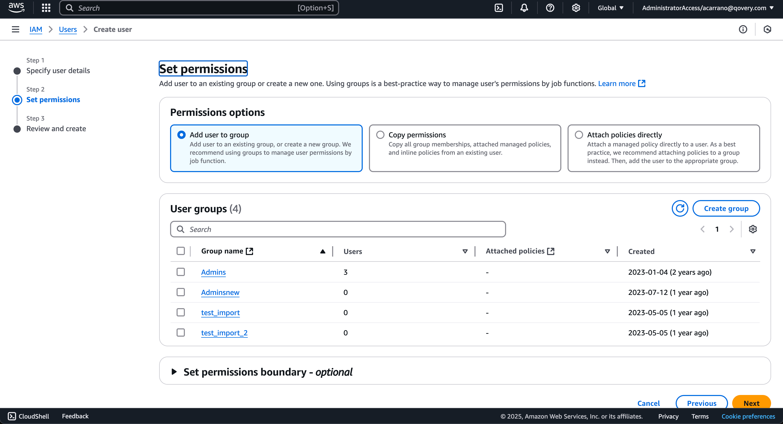 Create user - step 2