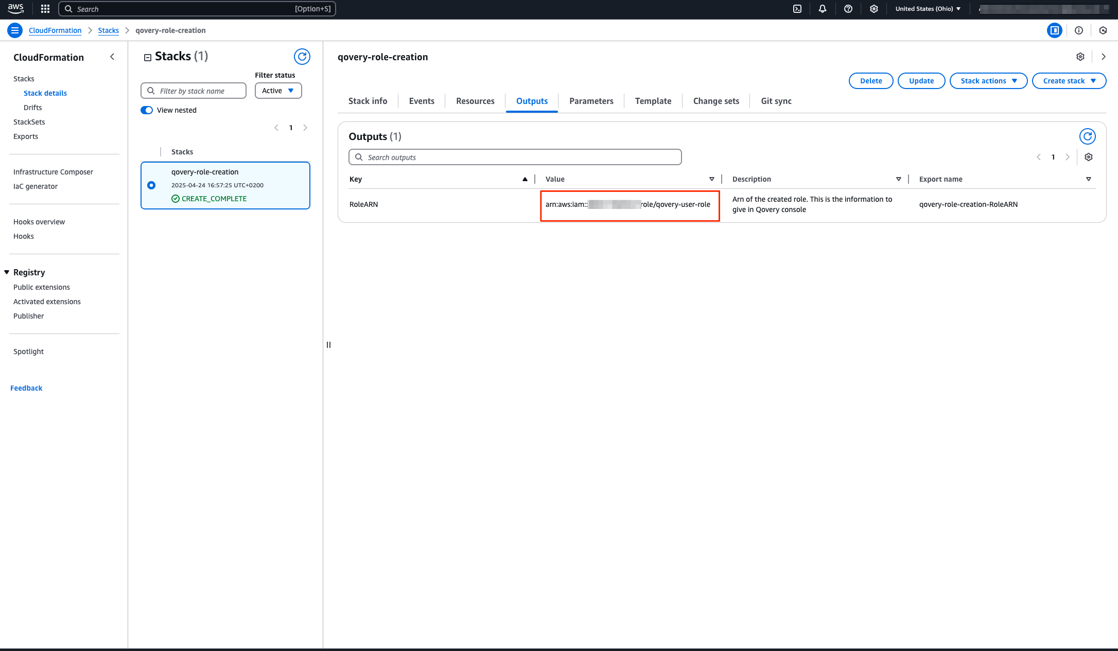 CloudFormation stack output with Role ARN