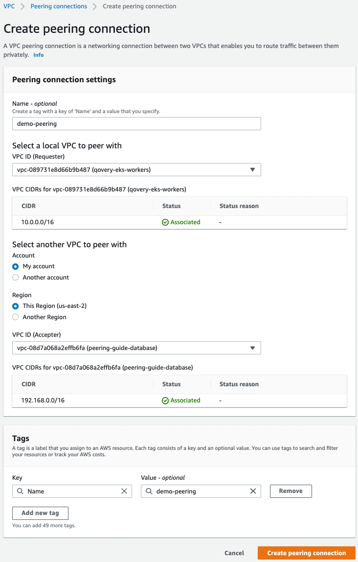 AWS create VPC peering form