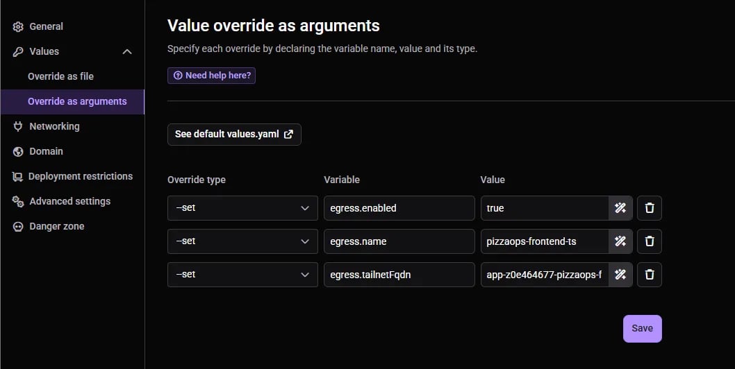 The Qovery Value override as arguments screen for the second Helm service, setting egress.enabled, egress.name and egress.tailnetFqdn