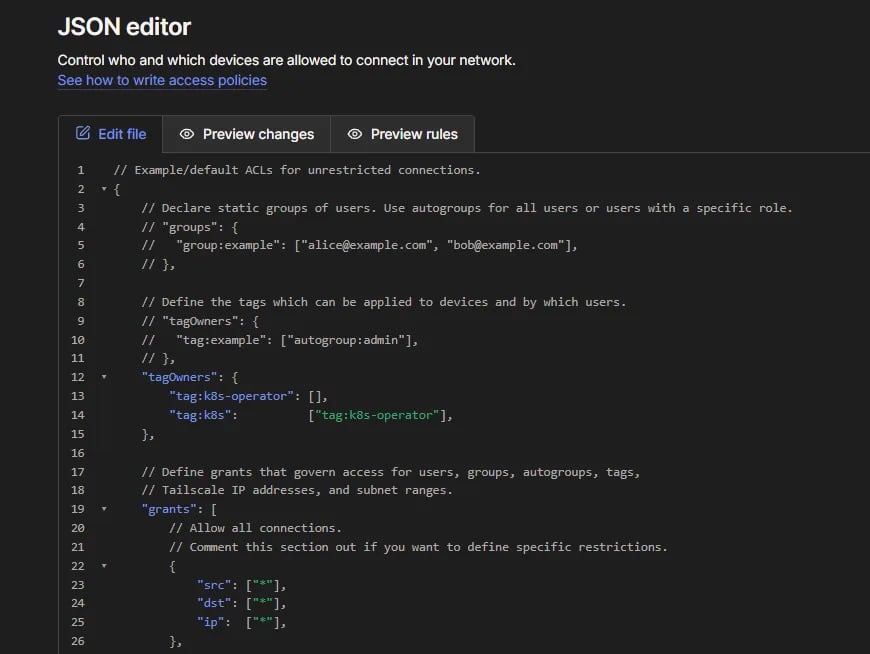 The Tailscale JSON policy editor showing the tagOwners block with tag:k8s-operator set to an empty list and tag:k8s owned by tag:k8s-operator